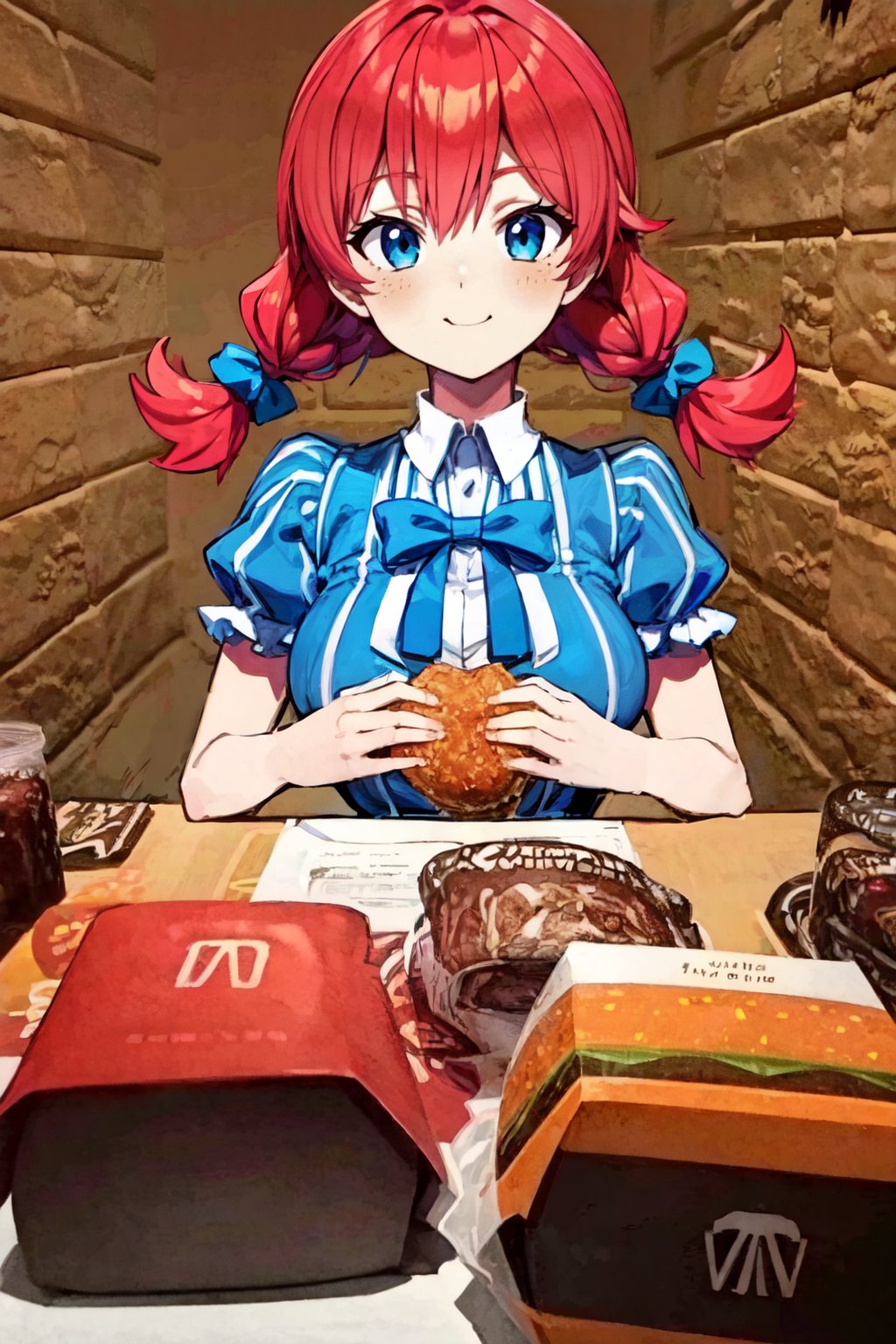 <lora:McDate_with_2D_Waifu:0.7>, McDate_with_2D_Waifu,  anime style, ((masterpiece,best quality)), highres, <lora:Wendy_Wendys:0.8>, wendy (wendys), red hair, blue eyes, blush,  bow, hair bow, sidelocks, smug, striped dress, solo, smile, looking at viewer, large breasts, hidden hands, <lora:more_details:0.5>, <lora:Bold_CAT:0.3>,