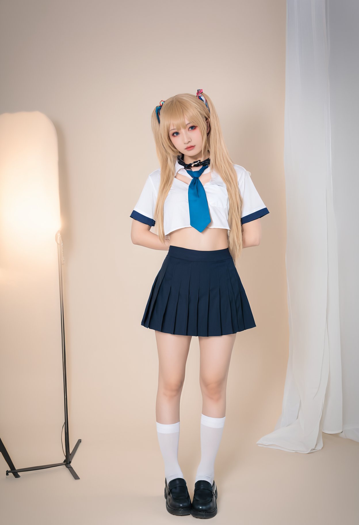 young woman,asian,cosplay,skirt,blonde hair,kitagawa marin,necktie,blue skirt,plaid skirt,shirt,long hair,school uniform,plaid,choker,multicolored hair,black choker,solo,white shirt,blue necktie,collared shirt,gradient hair,looking at viewer,bangs,full body,socks,realistic,jewelry,red eyes,pleated skirt,black footwear,black socks,