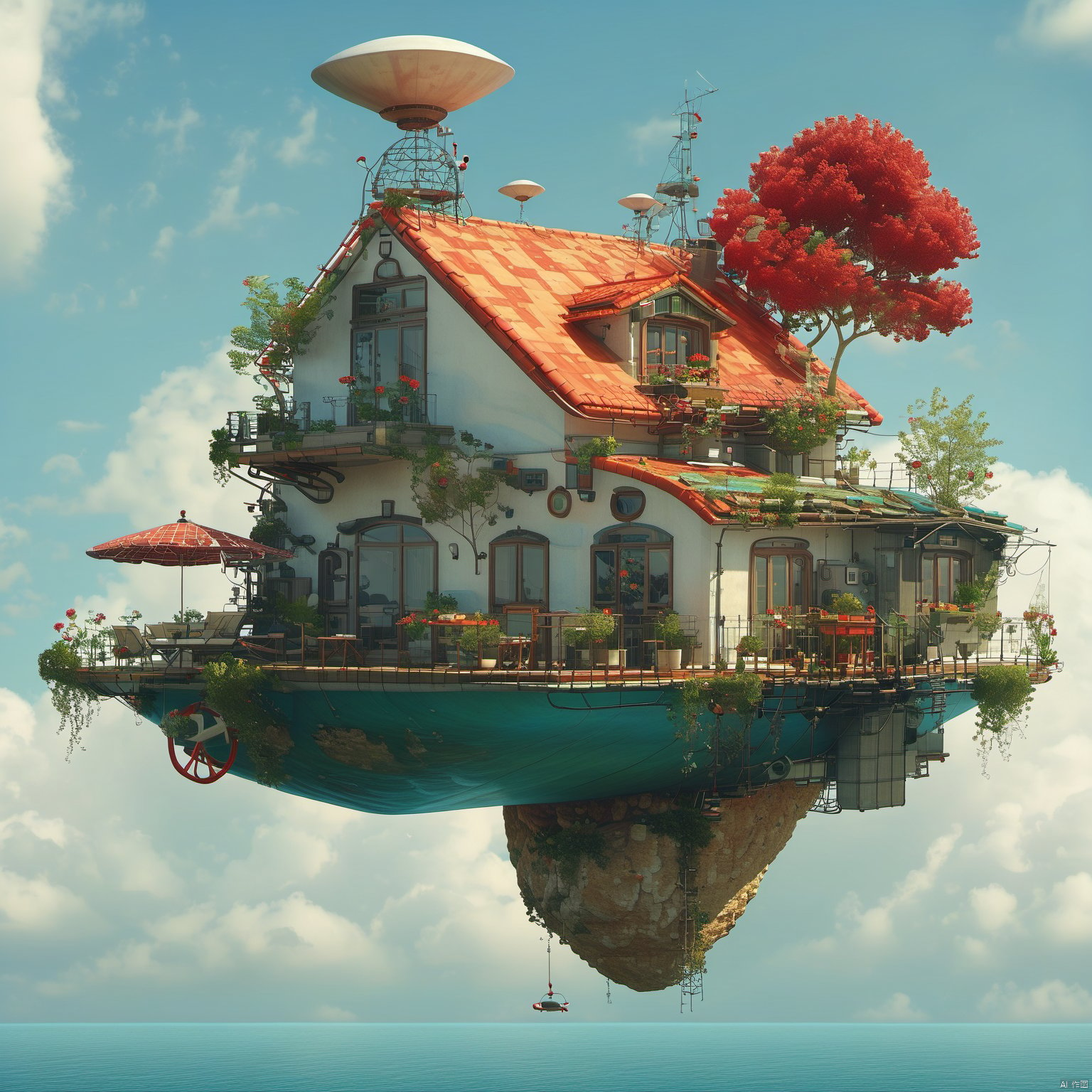 The image showcases a whimsical and intricately designed house that appears to be floating above the water. The house has multiple levels, with a prominent red-tiled roof, multiple windows, and various decorative elements. There are antennas, a satellite dish, and other technological devices attached to the house. The house is surrounded by a deck with seating, plants, and a table. Below the house, there's a large rock formation that supports the house. The backdrop is a serene blue sky with fluffy white clouds.<lora:EMS-342266-EMS:1.000000>