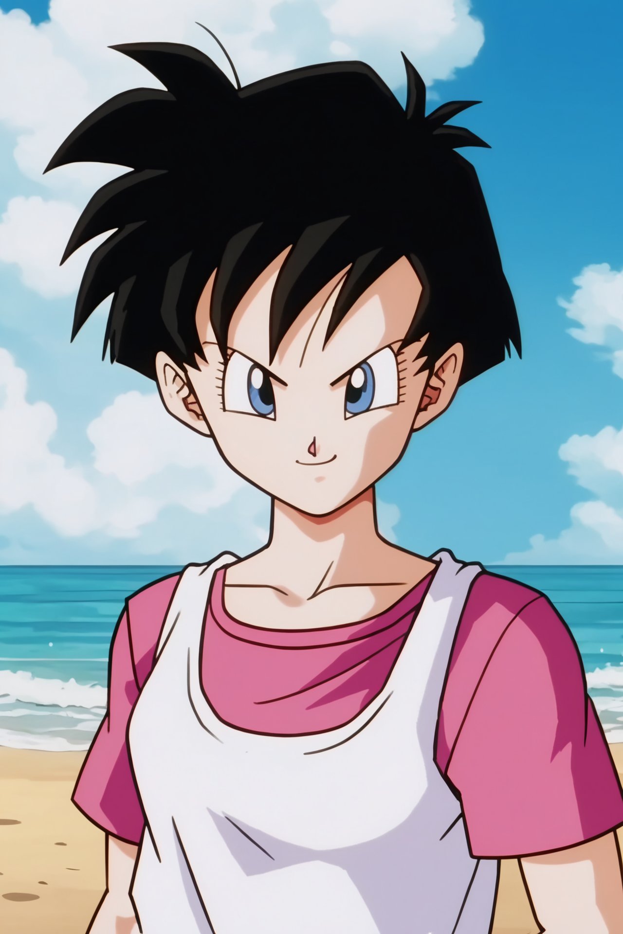 source_anime, score_9, score_8_up, score_7_up, anime screencap,videldbz, 1girl, solo, looking at viewer, smile, short hair, blue eyes, t-shirt, black hair, upper body, outdoors, sky, day, cloud, water, blue sky, ocean, beach, spiked hair, pink t-shirt, white sleeveless dress, sleeveless dress, v-shaped eyebrows, eyelashes, eyebrows<lora:Videl_pony_v1:0.8>