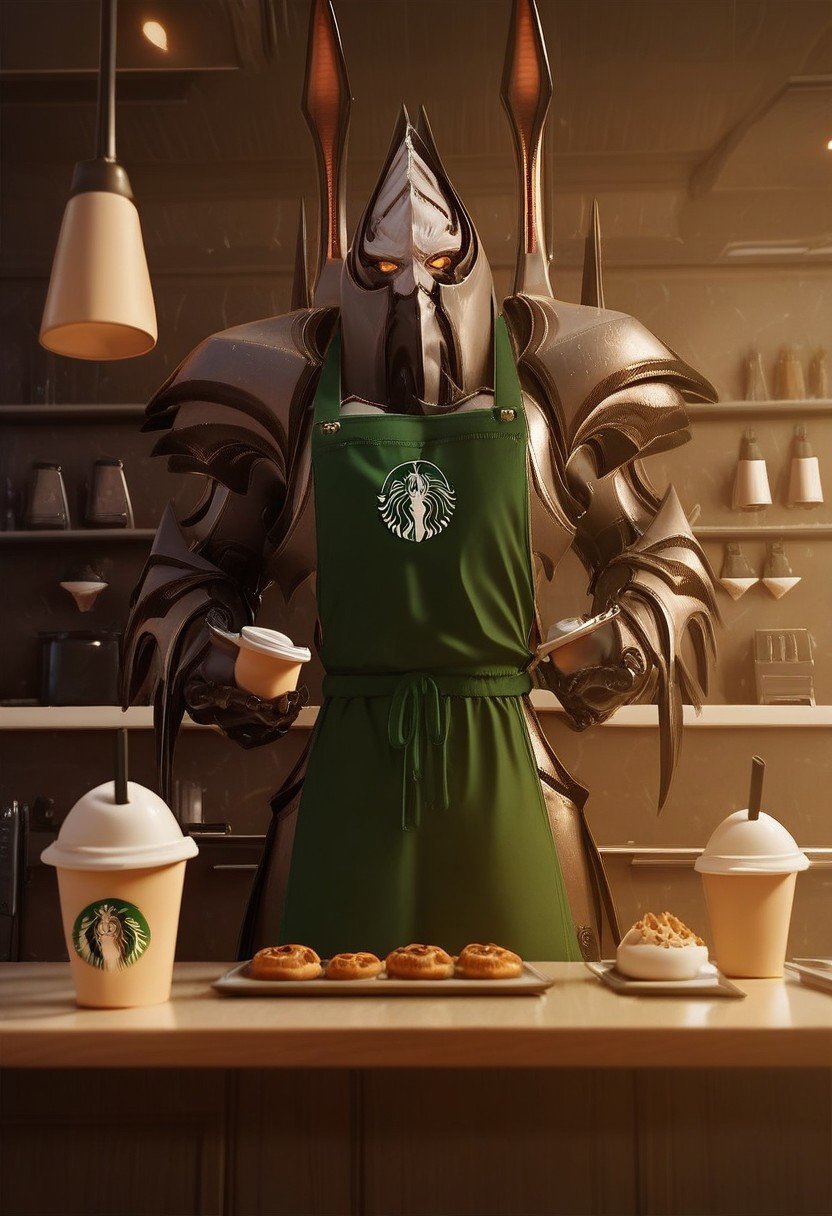 score_9, score_8_up, score_7_up, score_6_up, score_5_up, score_4_up, Alarak, Tal'darim Armor, wearing an apron, counter, starbucks