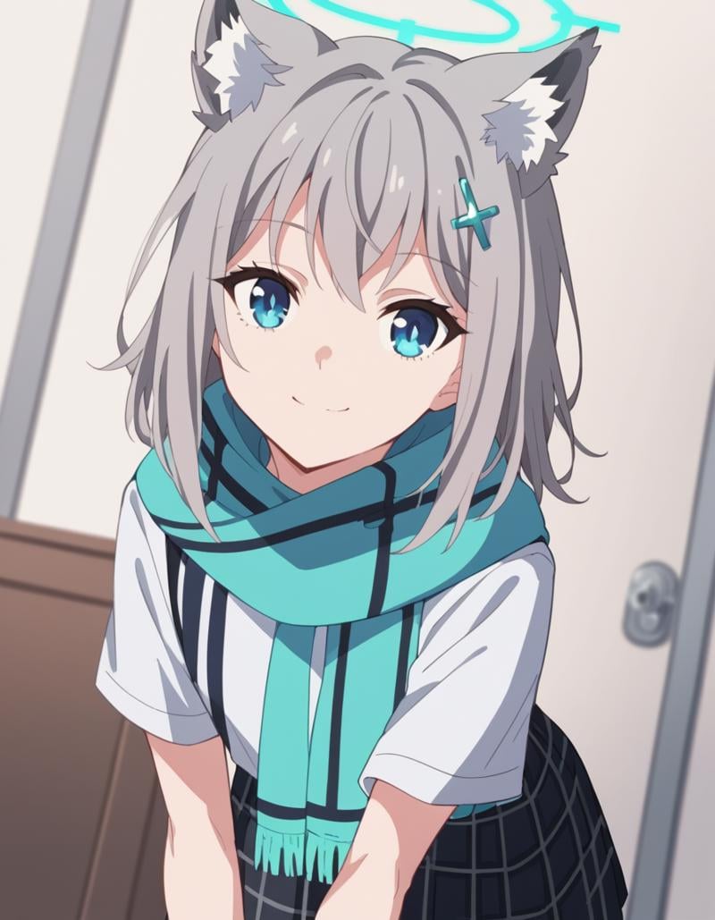 score_9, score_8_up, score_7_up, source_anime, <lora:shiro-sunaookami-s1-ponyxl-lora-nochekaiser:1>, shiroko sunaookami, animal ears, blue eyes, grey hair, hair ornament, hairpin, halo, medium hair, wolf ears,, checkered clothes, checkered skirt, school uniform, skirt, scarf,, indoors, bent over, smile,, looking at viewer, solo, cowboy shot, dutch angle