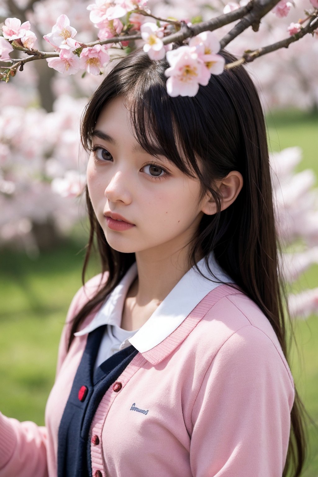 1girl,upper body,outdoor,school uniform,under the peach blossom tree with many flowers blooming again