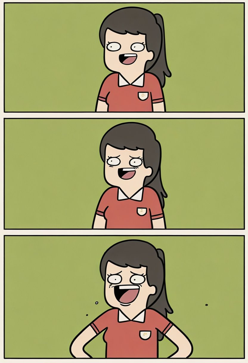 drawn in t4h1l4l4ts comic style,  the camera zooms in on a young girl,  mantleed in a bright red and yellow athletic body...