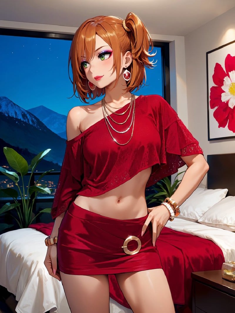 A cowboy shot image of an 24 year old woman with medium breasts,  ginger side tail hair and green eyes,  wearing a by Ttan...