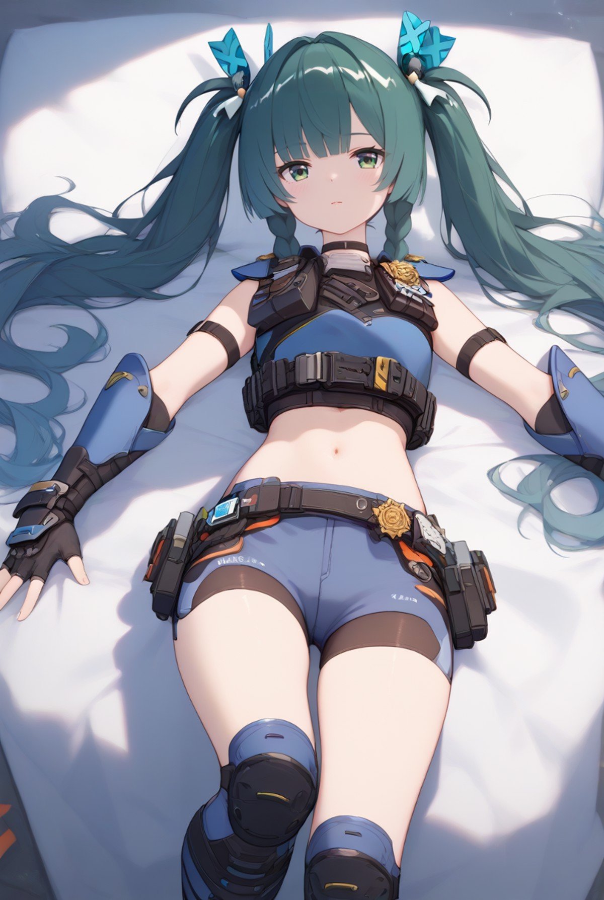 score_9,score_8_up,score_7_up,score_6_up,<lora:Zero_Qing yi_pony:1>,Zero_Qing yi,1girl,solo,navel,twintails,looking at viewer,fingerless gloves,long hair,bangs,green eyes,twin braids,green hair,side braided hair,lying,on back,intercom,blue police vest,black neck ring,epaulettes,police badge,textured shorts,blue long gloves,black hand guard,police belt,black arm ring,navel marker,blue knee pads,blue sneaker,green pattern hair accessories,thigh marking,chest walkie-talkie,robot girl,calf protector,bare shoulder,