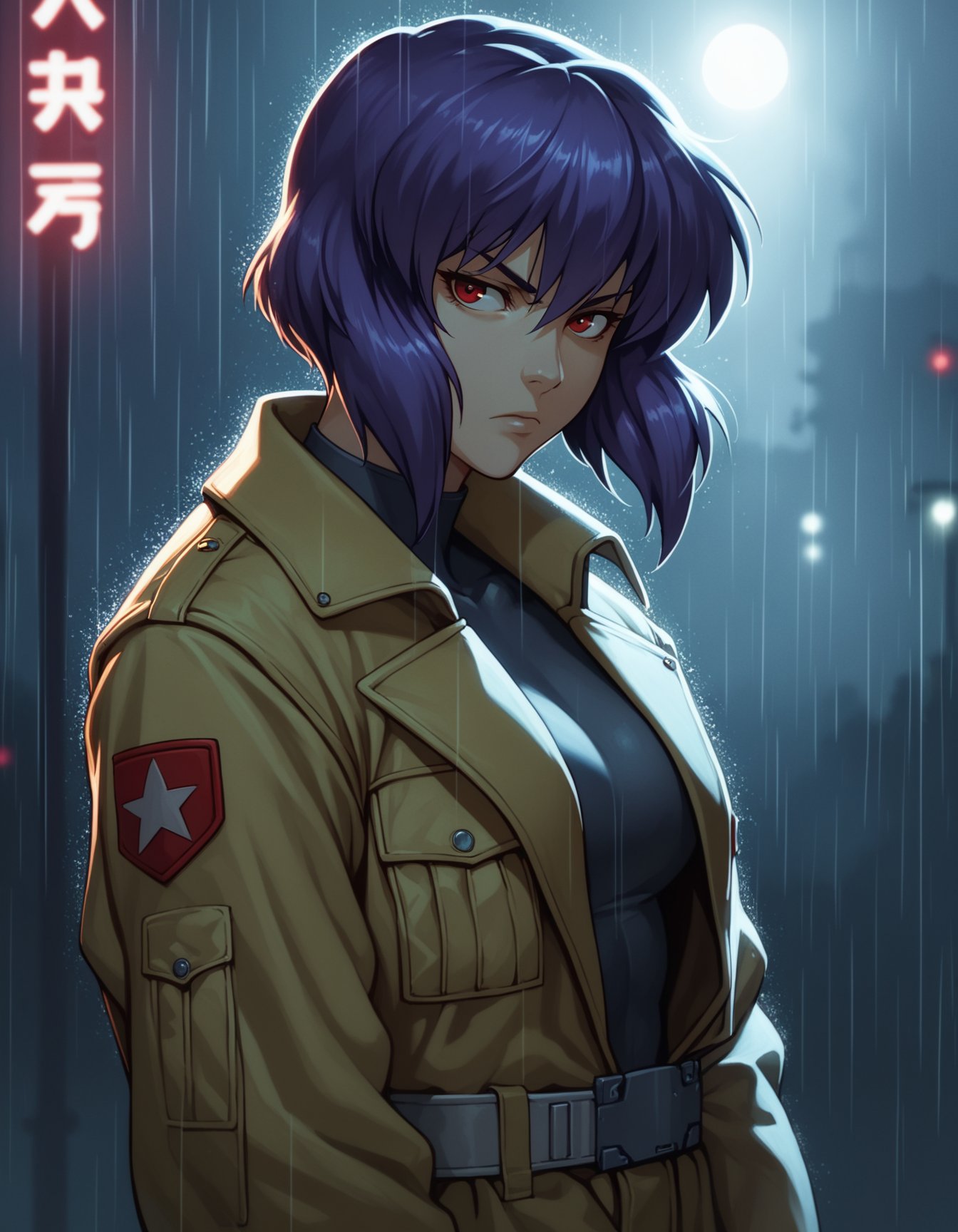 score_9,  score_8_up, score_7_up, source_anime, 1girl, solo, kusanagi motoko, expressionless, serious, ghost in the shell, purple hair, red eyes, military uniform, yellow coat, serious, night, rain, neon lights, cinematic lighting