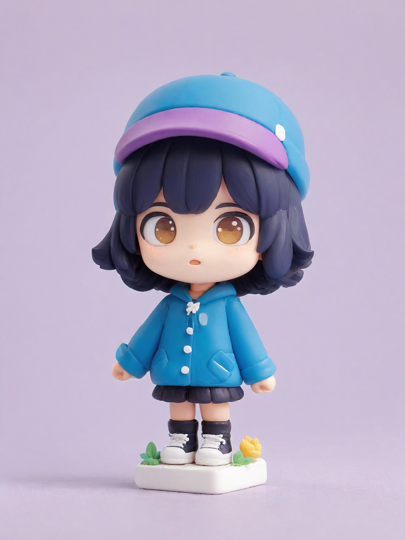 fnk,chibi,blind box,masterpiece, best quality, 1girl, Blue clothes, black hair, outdoor, POP Mart, stand, Purple wool hat, Simple background, .