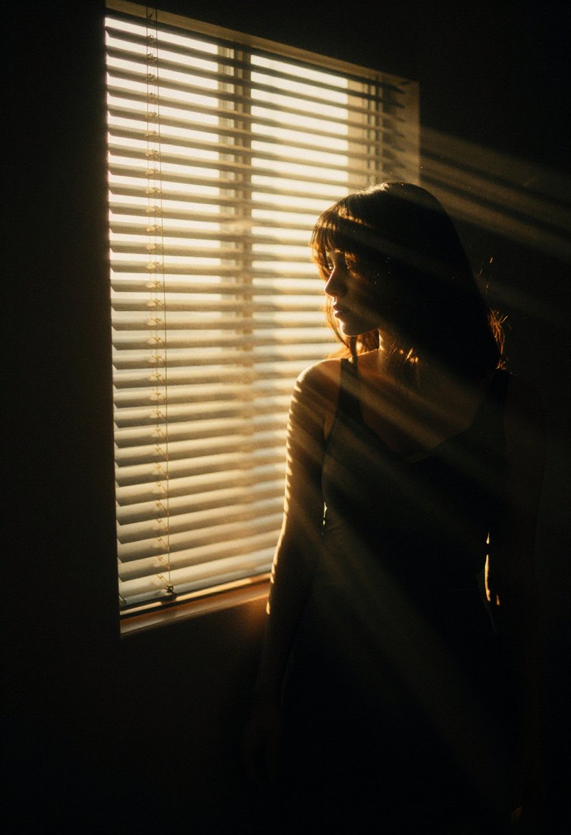 cinelightX,  a woman standing near a window in a dark room,  golden sunlight streaming through blinds by Pongmontree on Te...