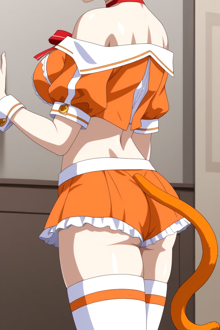 HD, 8k, highres, mantialiasing, Highly detailed, High Quality, masterpiece, beautiful, 1girl, solo, (feminine focus, young woman, 16 years old), face_out_of_frame, medium breasts, Uniform Radish, bare shoulders, exposed navel, ((Orange miniskirt)), thighhighs, animal ears, tail, midriff, Orange crop top, Orange cat ears, Orange cat tail, navel, choker, (short blouse), ((red ribbon on the back at the waist)), wrist_cuff, looking_back, standing, from_behind, upper_body, back_view<lora:EMS-425426-EMS:1.000000>