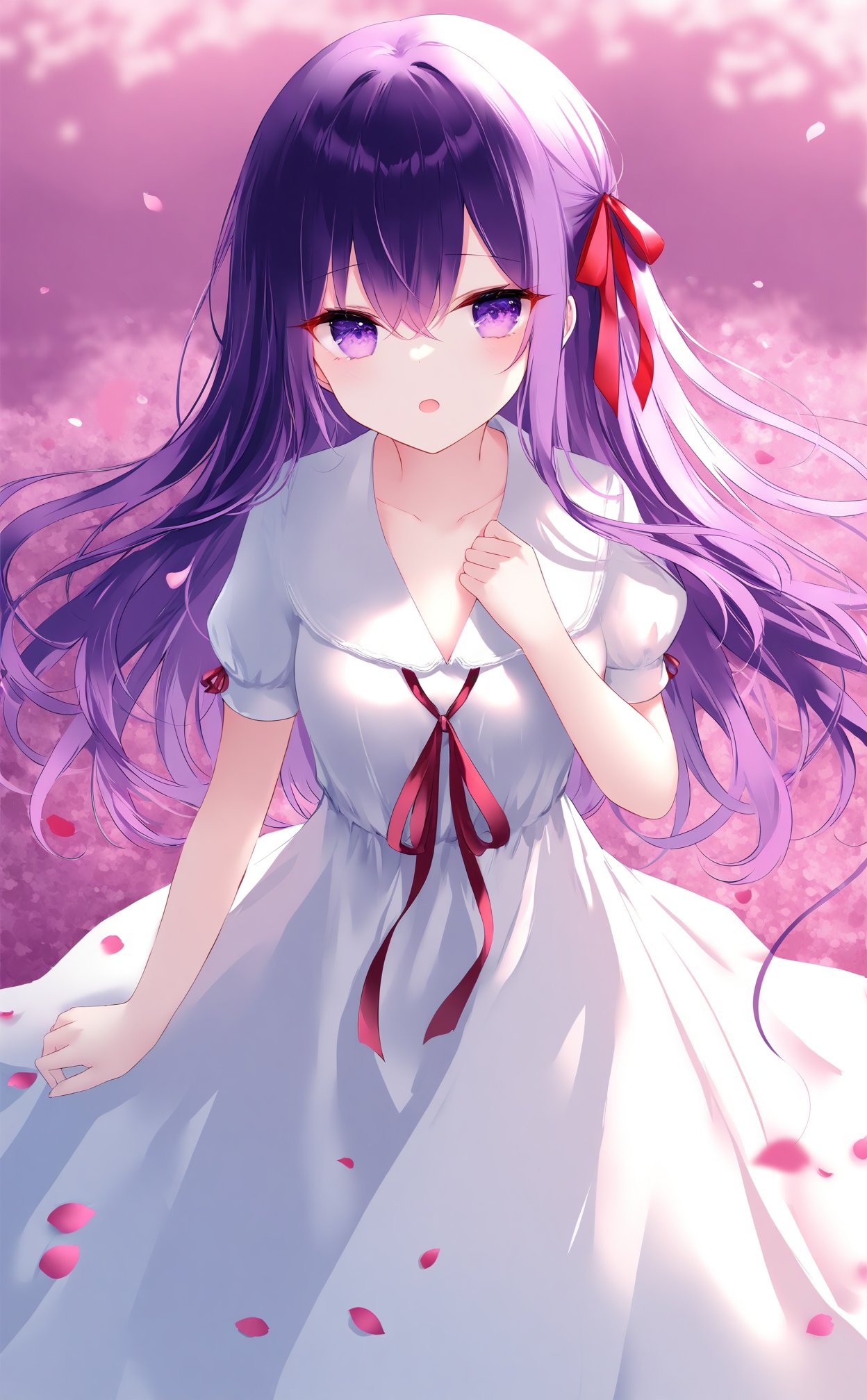 (masterpiece),(best quality),illustration,ultra detailed,hdr,Depth of field,(colorful),loli,[Artist wlop],[[Artist sheya]],[Artist chen bin],Artist hiten_(hitenkei),1girl,solo,dress,long hair,official alternate costume,ribbon,purple hair,matou sakura,purple eyes,hair ribbon,white dress,open mouth,short sleeves,looking at viewer,red ribbon,puffy short sleeves,hair between eyes,puffy sleeves,breasts,petals,collared dress,collarbone,