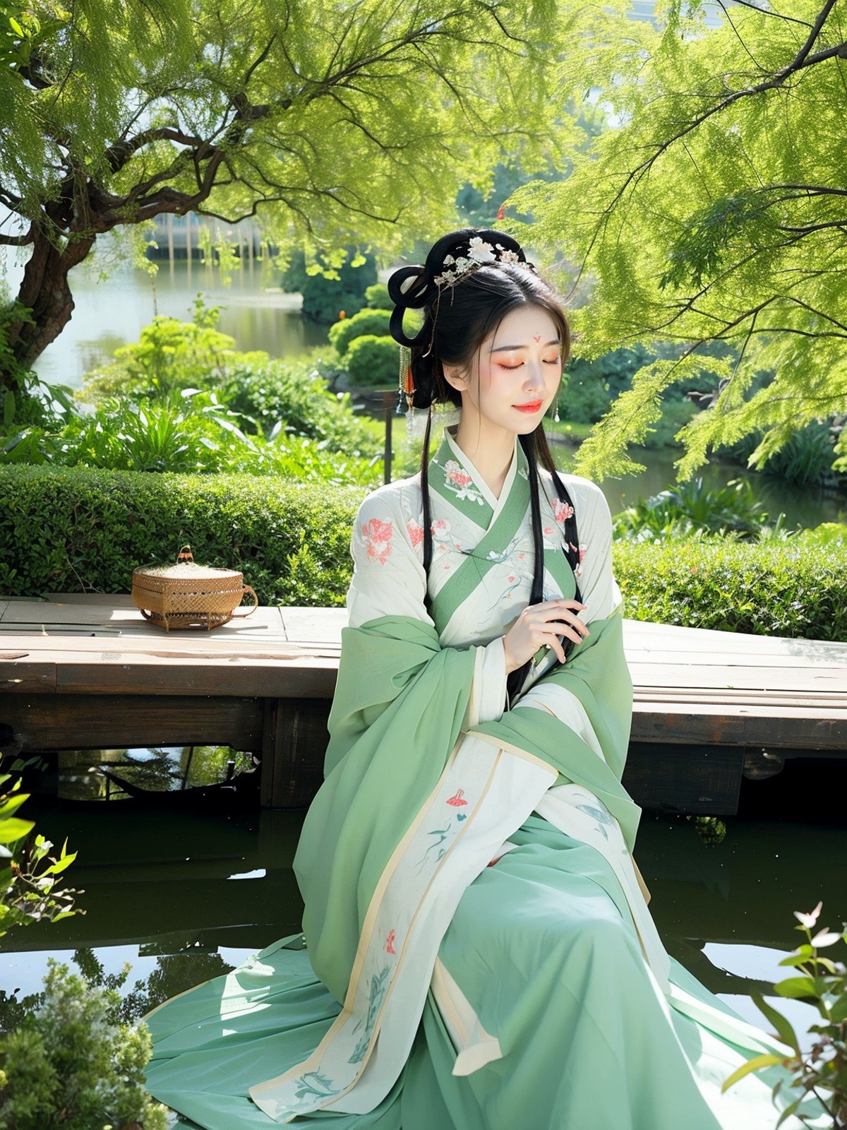 Willow trees lean over the stream,their branches swaying gently. The Hanfu maiden sits in the shade of the willows,her sleeves adorned with embroidered green willow leaves. A soft breeze rustles the branches,as if they whisper secrets. She closes her eyes,listening intently,her heart filled with tranquility.,