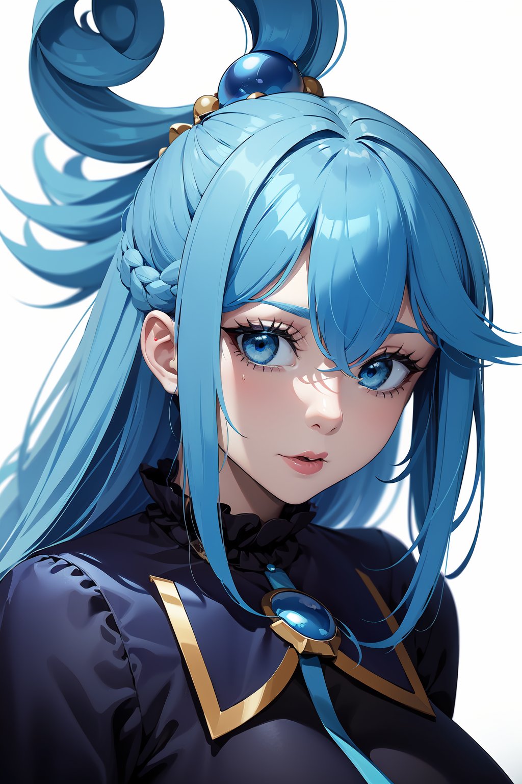 1girl, masterpiece, blue hair, blue eyes, long hair, aqua, upper body, absurdres, hair jewelry, bulk hair, konosuba,<lora:EMS-64898-EMS:0.600000>,<lora:EMS-263-EMS:1.000000>,<lora:EMS-260483-EMS:1.000000>