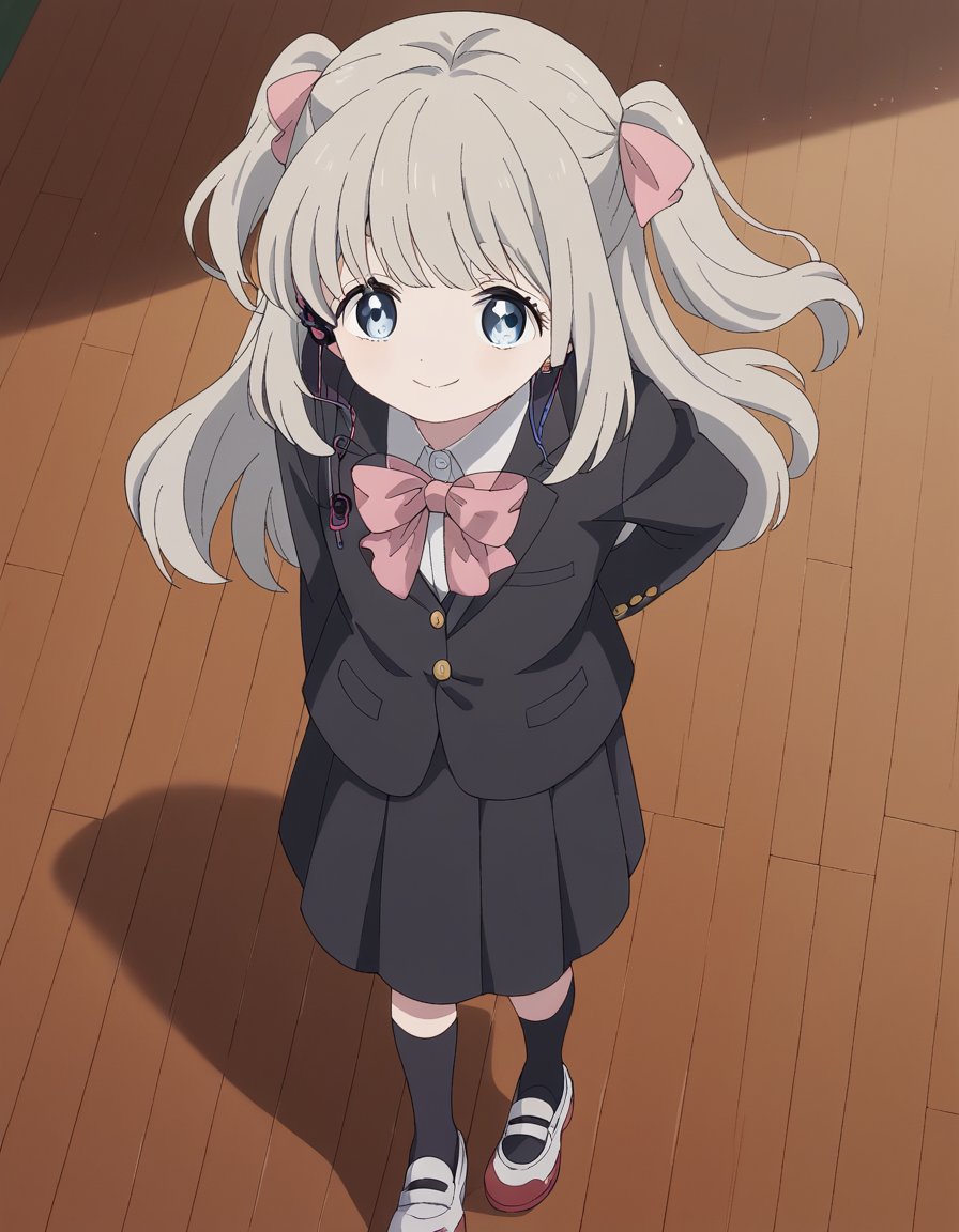 score_9, score_8_up, score_7_up, source_anime, <lora:hotaru-hiraiwa-s1-ponyxl-lora-nochekaiser:1>, hotaru hiraiwa, long hair, bangs, blue eyes, grey hair,, skirt, long sleeves, school uniform, jacket, socks, black skirt, two side up, black jacket, kneehighs, blazer, black socks, bow, bowtie, stripped, stripped bowtie,, suburban neighborhood, morning jog, earphones, running shoes, fresh air, sunrise, smile, , foot on tiptoe, hand behind back, elbow bent, solo,, cowboy shot, dutch angle