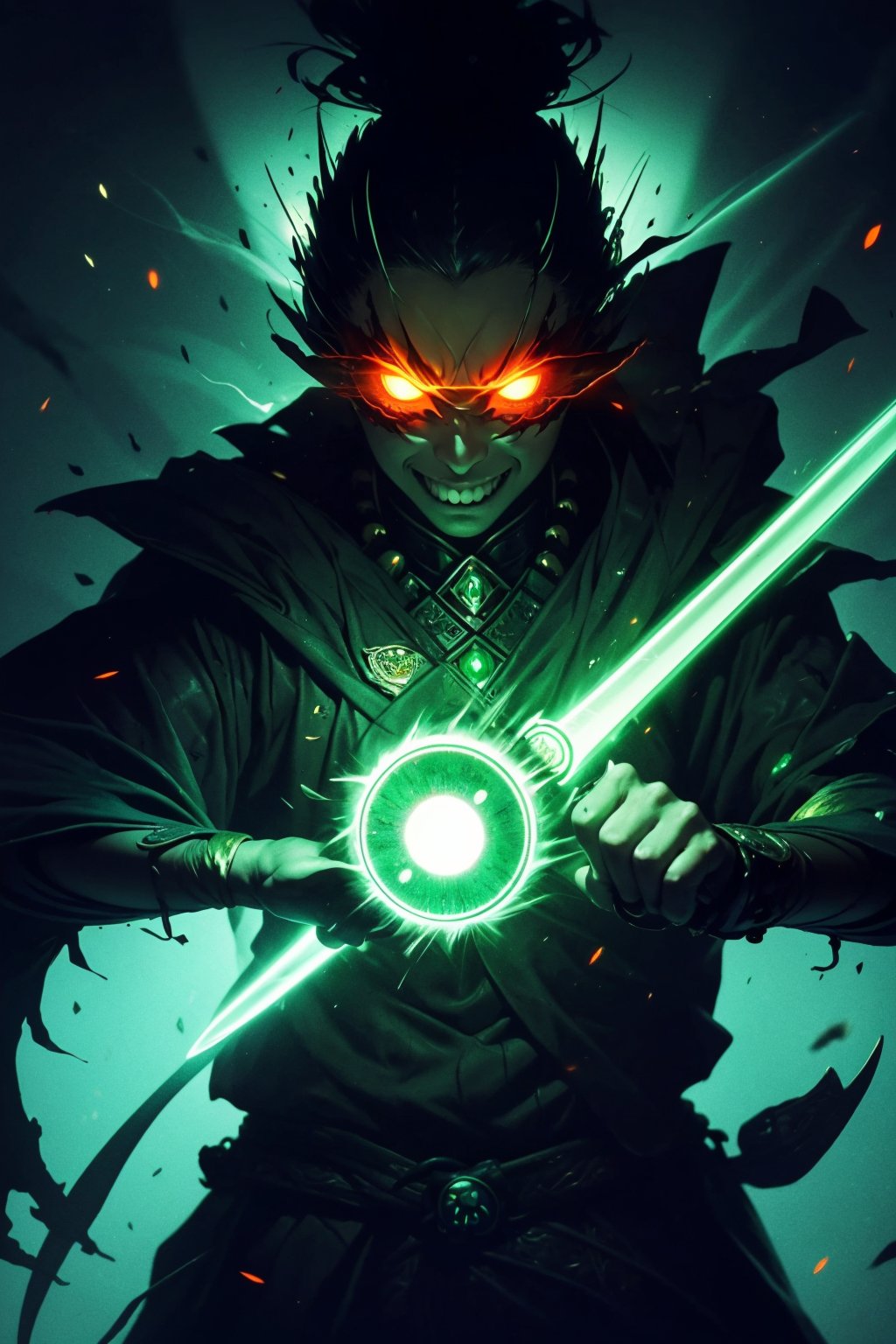 masterpiece,best quality,ultra high res,1girl,(glowing_eyes:1.4),evil smile,A skilled swordsman who has been on his own since he was a teenager.,Jade green theme,Macro shot,<lora:复仇之眼-v2:0.5>,