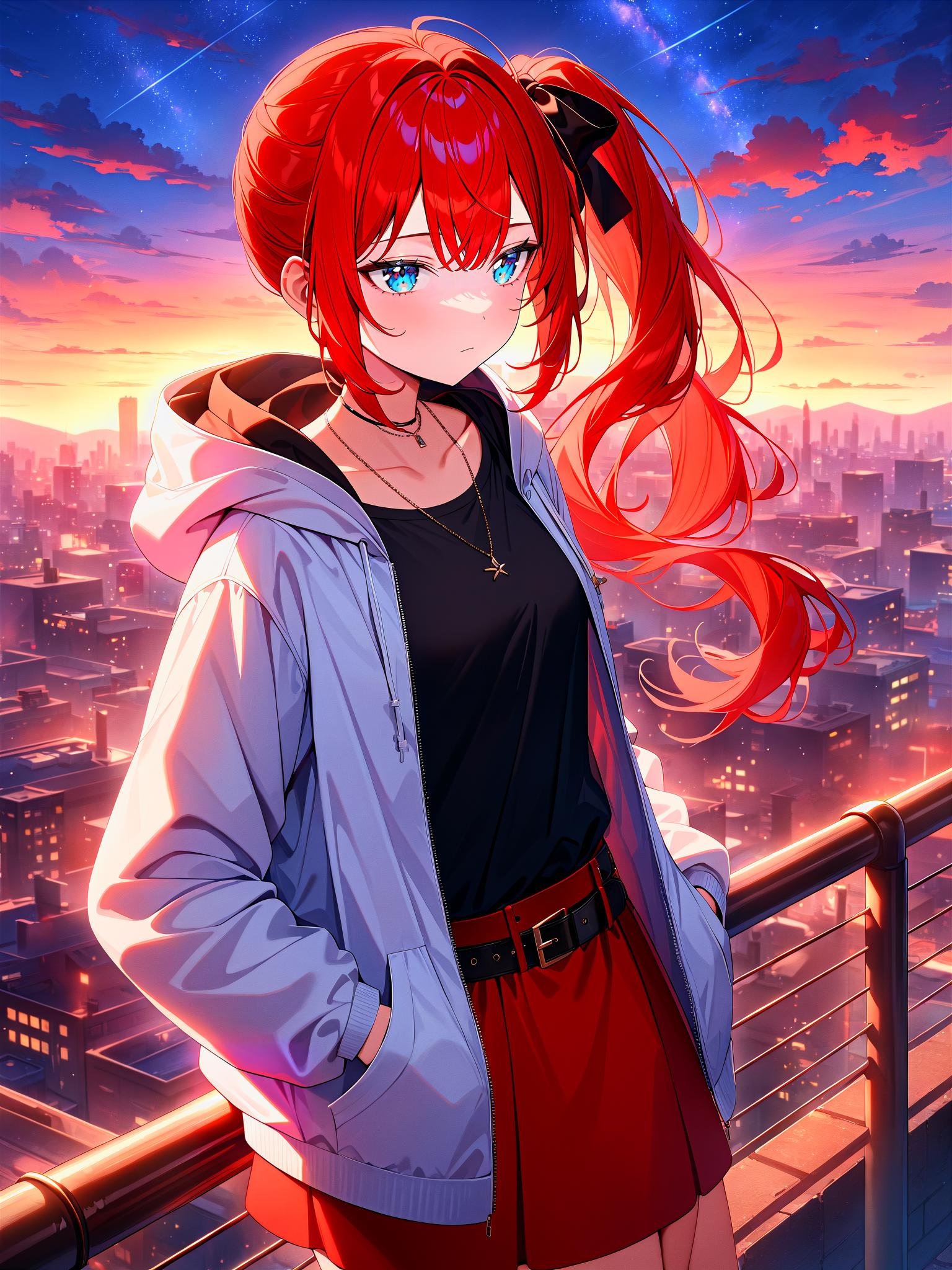 masterpiece, best quality, very aesthetic, absurdres, newest, 1girl, cute girl, original, teenager, blue eyes, red hair, side ponytail,small breasts,black shirt, white hooded jacket, loose shirt, black bow, red skirt, necklace, belt,expressionless, closed mouth, hand in pocket, hand in jacket pocket,twilight, dusk, sunset, star \(sky\), sunlight, city lights, street, rooftop, metal fence,clear background, looking afar,  <lora:FaceCheek_B_R_XL:1> <lora:FaceLight_B_R_XL:1> <lora:EyeShape_B_Jitome_XL:1>