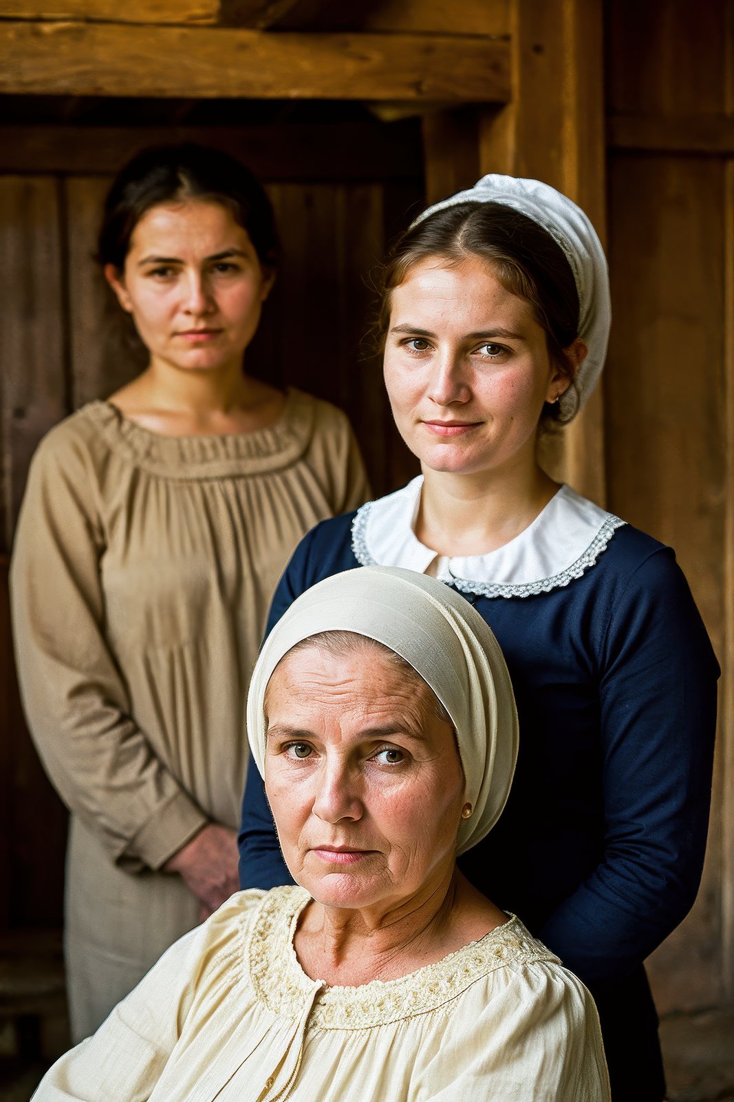 (raw photo), (peasant) older woman and young woman, lined up, (detailed facial features, detailed eyes), (blouse, long sleeves:1.2), headscarf, (village house interior), short haircut, (village:1.2), by Grant Wood