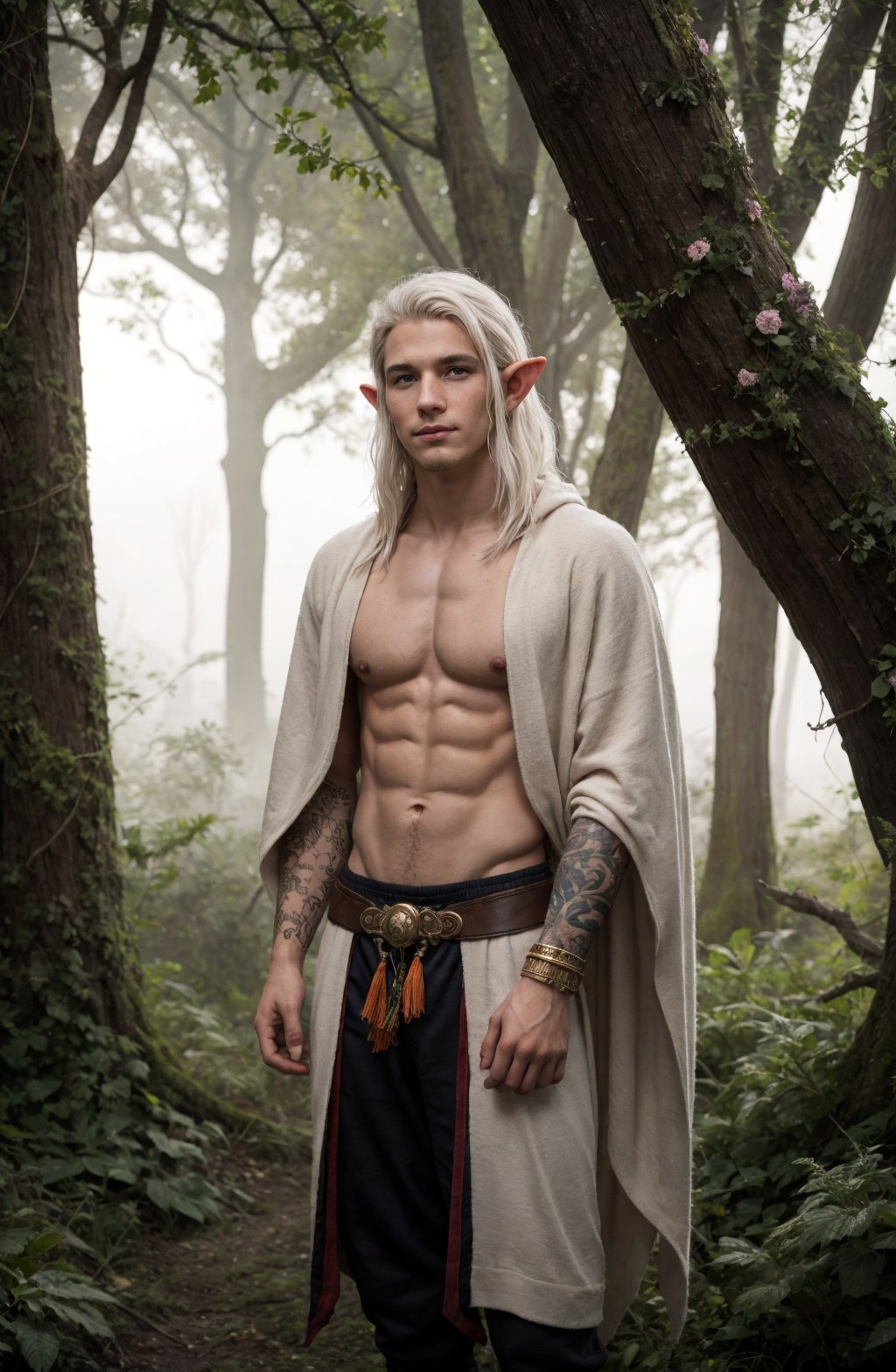 dusk in the magical forest, natural moonlight, volumetric fog, 8k, 1 happy cute young male semi-muscular elf warrior posing proudly on the forest trail, shaggy white hair hair, colourful shamanic jewelry, tattoos, burnt orange, tree bark, flowers, ivy, old elven house ruins, eerie fog, long soft focus, whimsical fantasy elven setting, vivid colours, (selective focus:1.2)