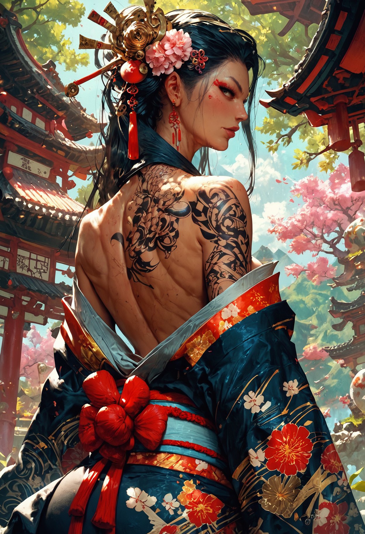 (score_9, score_8_up), score_7_up, zPDXL, solo,  <lora:MythP0rtr4itStyle:1>, mythp0rt, 1girl, girl, looking back, black long hair, hair ornament, kimono, back exposed. detailed yakuza tattoo on back, in a japanese garden