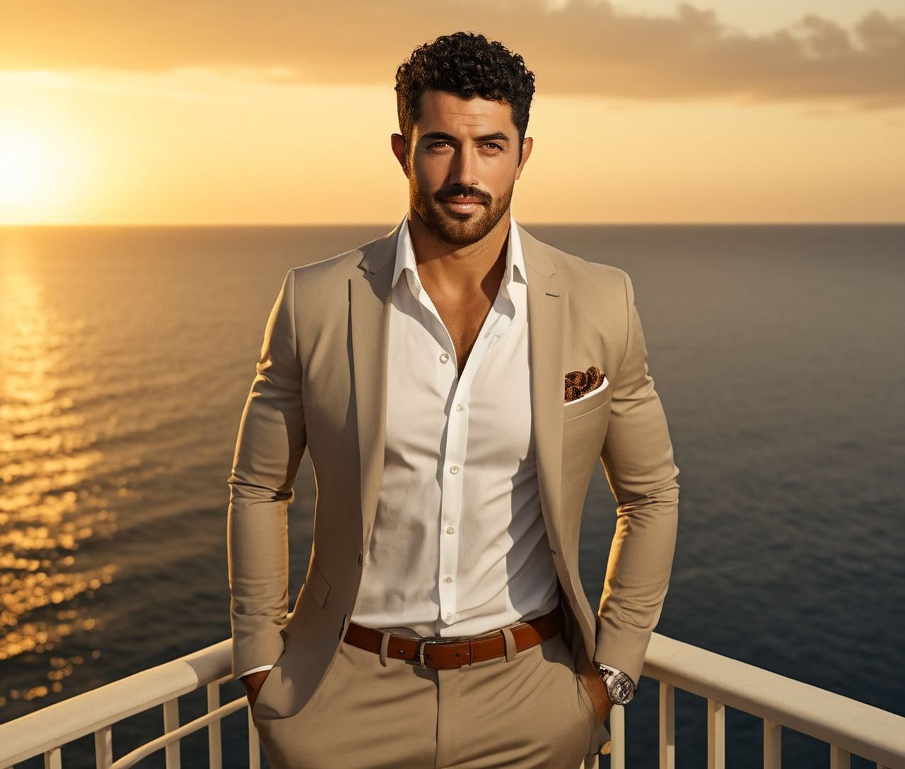 Nautical-themed of Steven Krueger a man in a tan suit standing on a balcony,  sun behind him,  inspired by Pablo Munoz Gom...