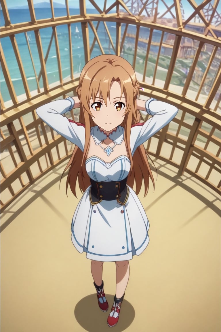 score_9, score_8_up, score_7_up, source_anime, rating_safe, anime screencap, , , depth of field, 1girl, asuna \(sao\), sword art online, brown hair, brown eyes, solo, from above, full body, amusement park, carousel, ferris wheel, dawn, arms behind head, relaxed, <lora:sao_style_pony:0.94>, sao_style, , <lora:sdxl_lightning_8step_lora:1>