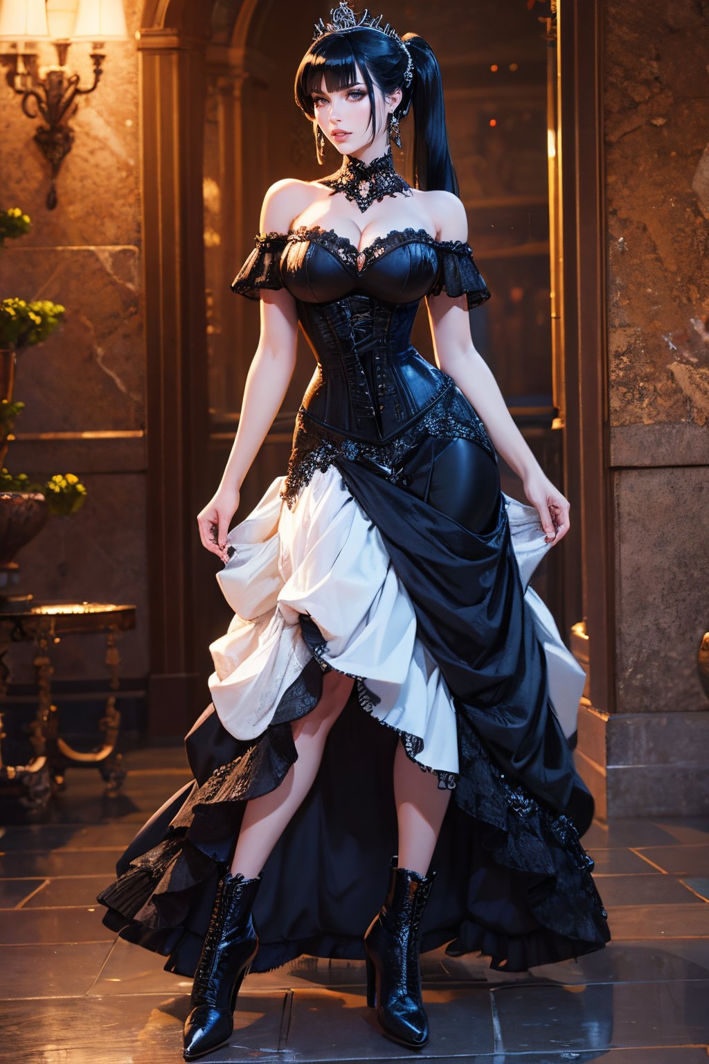 masterpiece, best quality, high quality, <lora:detail_slider_v4:3> <lora:age_slider_v2:3>   g0thdr3ss, dress, dip hem dress, gothic, white and black dress, highheels, ankle boots, lace train, dip hem, bare shoulders, corset dress, black hair, twintails, tiara, <lora:diphemg0thdr3ss:0.8>