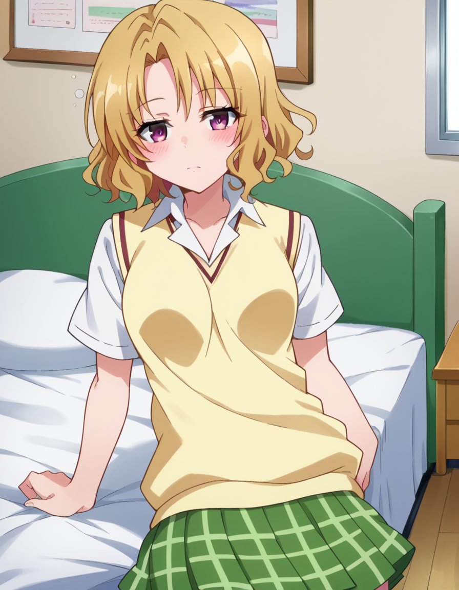 score_9, score_8_up, score_7_up, source_anime,risamomioka, <lora:risa-momioka-darkness-ponyxl-lora-nochekaiser:1>,risa momioka, short hair, blonde hair, wavy hair, parted bangs, purple eyes,green skirt, plaid, plaid skirt, sainan high school uniform, school uniform, skirt, sweater vest, thighhighs, yellow sweater, short sleeves, bow, green bow,indoors, bed, bed room, on side, blush, drunk,looking at viewer, cowboy shot, dutch angle,