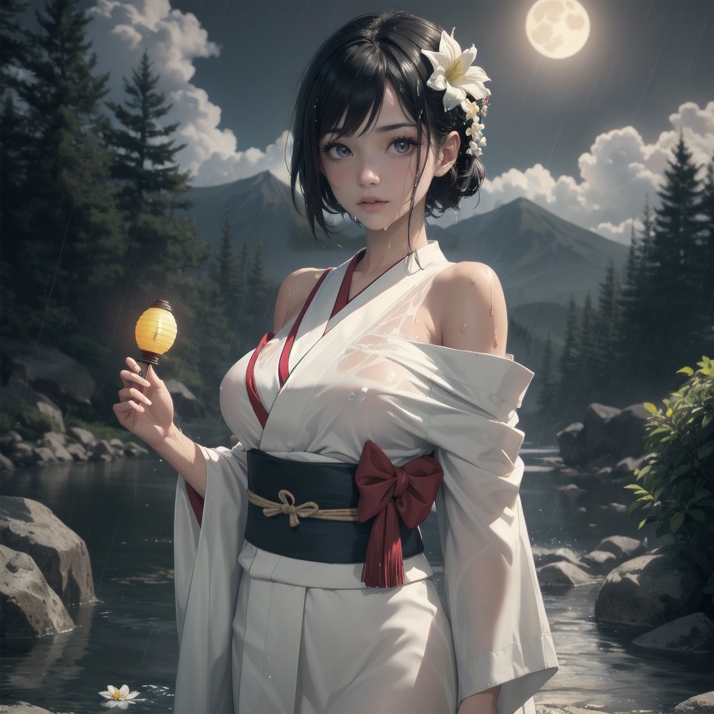 1girl, breasts, moon, lantern, night, solo, large breasts, hair ornament, wet, kimono, japanese clothes, wading, water, hair flower, flower, outdoors, sky, full moon, rain, black hair, off shoulder, mountain, cloud, holding, sash, bare shoulders, paper lantern, standing, white kimono, night sky, sideboob, obi, wet clothes, bangs, tree, from side, reflection, short hair, cloudy sky, wet hair (((masterpiece),(extremely detailed CG unity 8k wallpaper),best quality,,solo,1girl,cinematic lighting,detailed background,beautiful detailed eyes,bright pupils, (an extremely delicate and beautiful),(Beautiful and detailed eye description)， ultra-detailed,masterpiece,)),