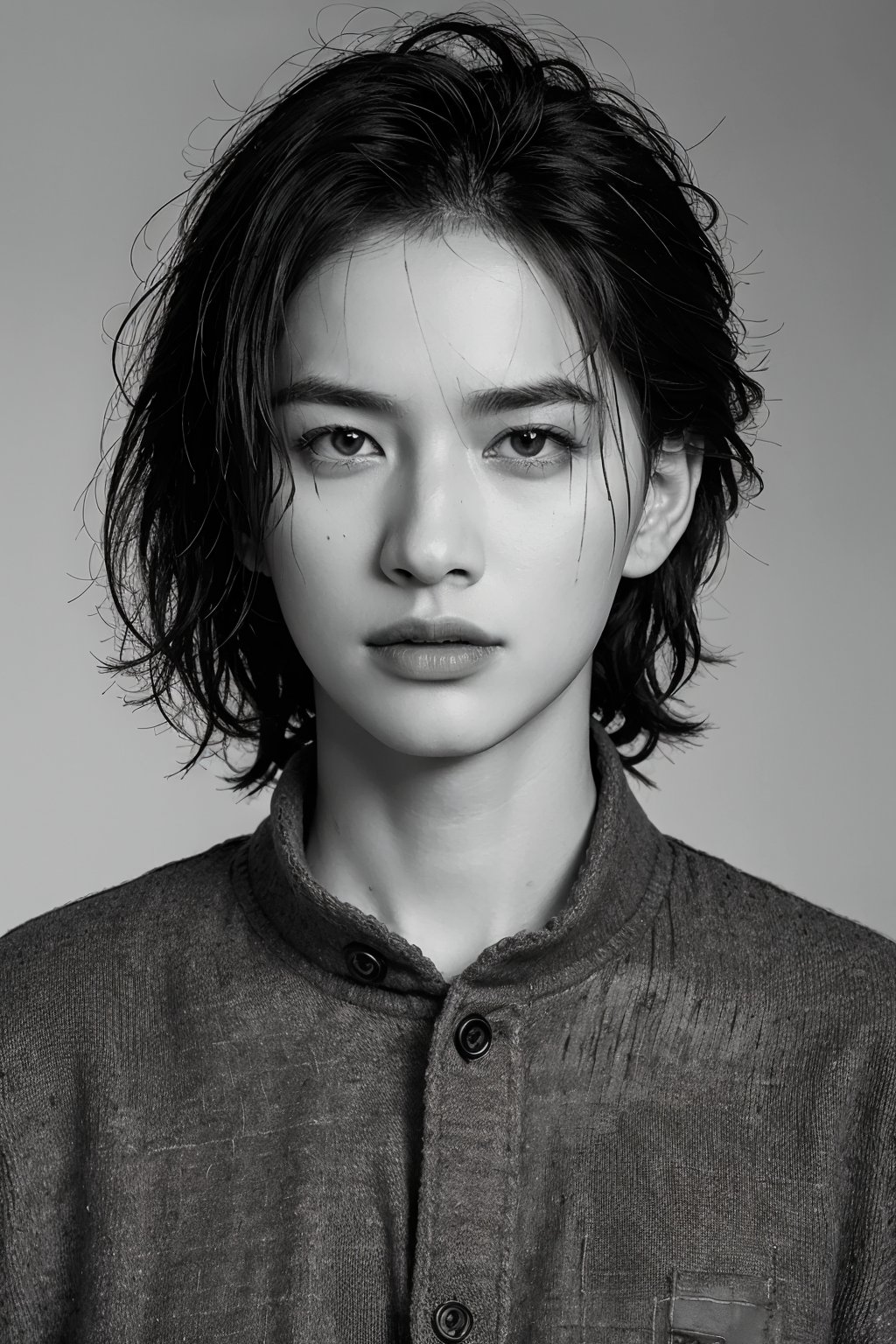 greyscale,monochrome,solo,1boy,male focus,realistic,looking at viewer,messy hair,scar,grey background,upper body,closed mouth,simple background,portrait,scar on face,lips