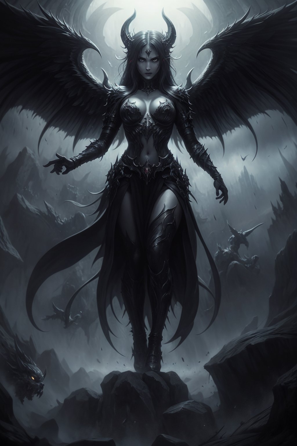 Melancholic and mysterious realm in background,hordes of satans angels flying black metal art cover draw,