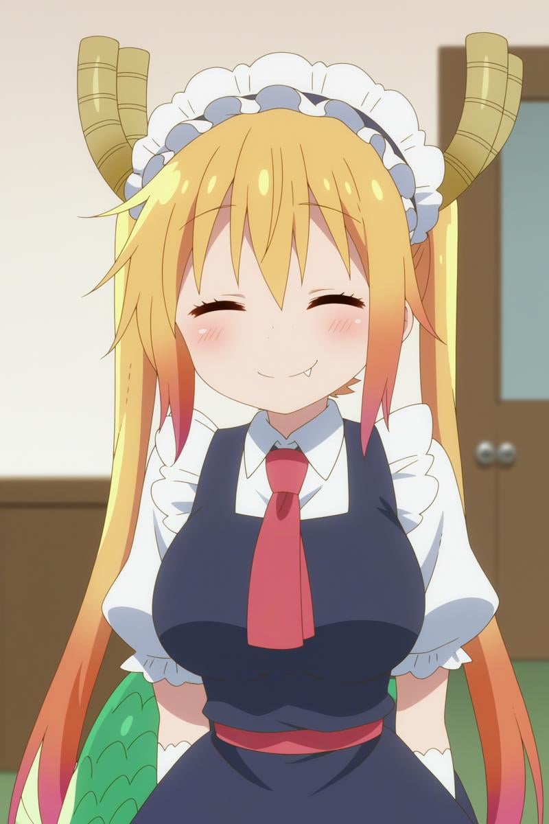 1girl,solo,tohru,mature,horns,twintails,fang,maid headdress,smile,gloves,whites gloves,dragon horns,tail,dragon girl,split pupils,looking at viewer,indoors,upper body,hands behind the back,blush,closed eyes,happy BREAK score_9, score_8_up, score_7_up, score_6_up, score_5_up, score_4_up, source_anime,anime screencap, screencap, masterpiece,(contrast), dark light,vibrance,bright colors,BREAK dewy skin, perspiration on the skin,skin texture, fine lines, pores, natural imperfections,light reflections, glossy skin, shiny skin, megami magazine BREAK <lora:Tohru_-_Kobayashi-san_Chi_no_Maid_Dragon.safetensors:0.8>