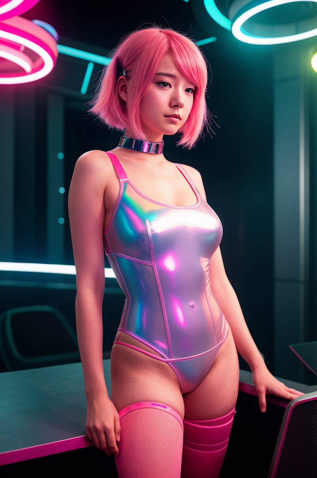 futuristic girl with pink hair, curvy , holographic interfaces, half body framing, in a sci-fi inspired setting, under neon lighting, on a RED digital cinema camera, with a bokeh filter, (in the style of Hayao Miyazaki:1.3)