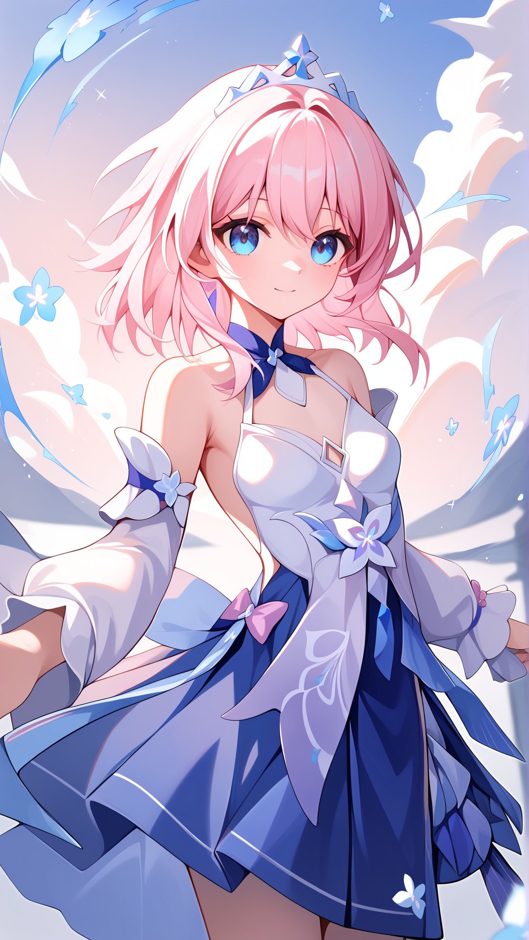 White purple dress, altermarch, Score_9, best quality, Pink hair, Cute, Medium chest, masterpiece, Medium hair, <lora:march7:0.8>, Gradient eyes, Blue eyes, Score_8_up