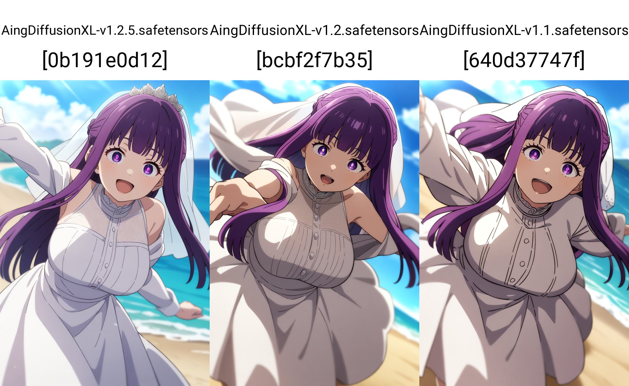 1girl, solo, fern \(sousou no frieren\), sousou no frieren, anime coloring,long hair, purple hair, purple eyes, braid, large breasts, white dress, wedding dress, open mouth, smile, veil, dynamic pose, beach,masterpiece, best quality, very aesthetic, absurdres,