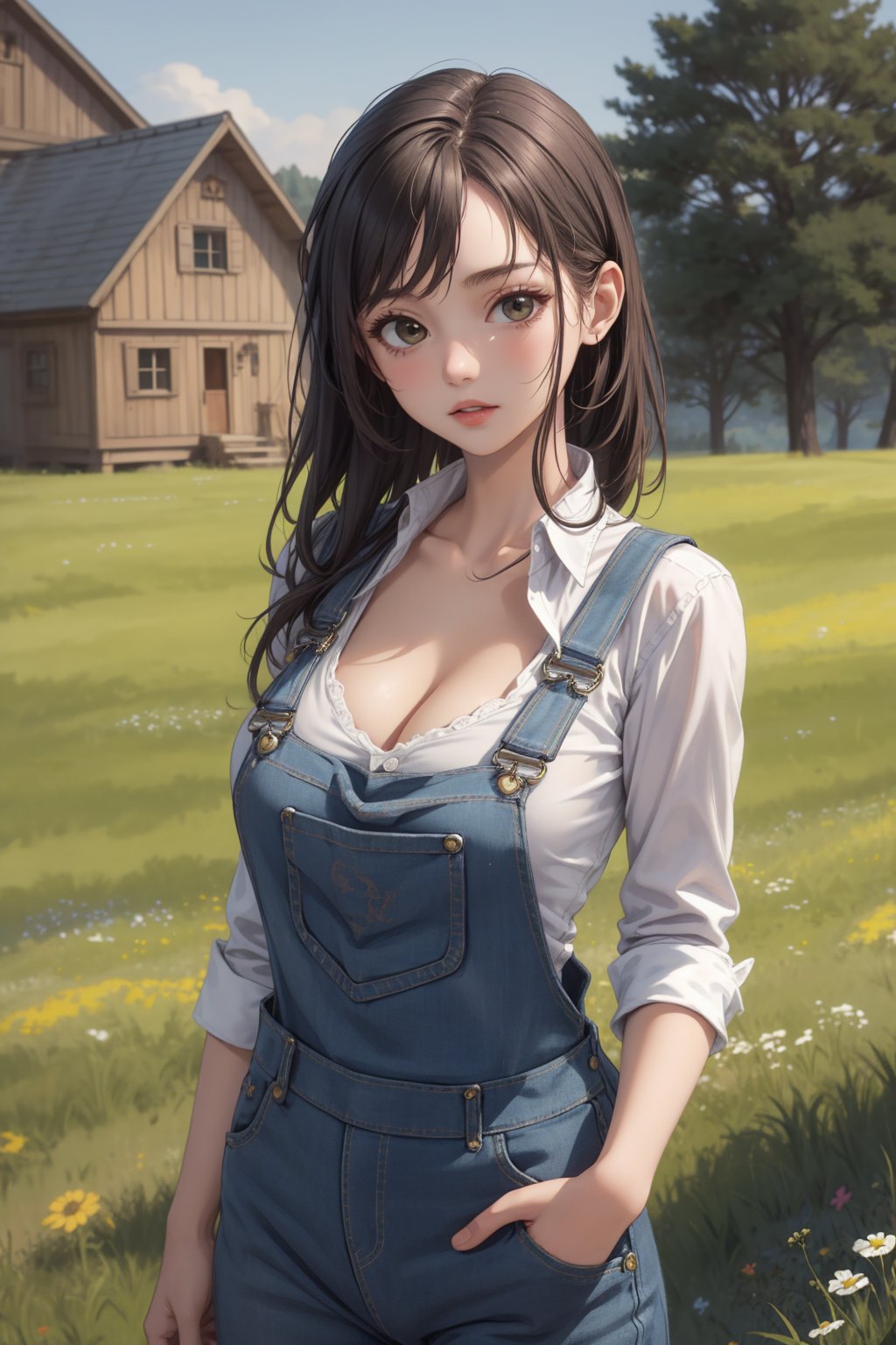 masterpiece, best quality, detailed, 1girl, overalls, plaid shirt, [breasts], cleavage, meadow, [[houses]]