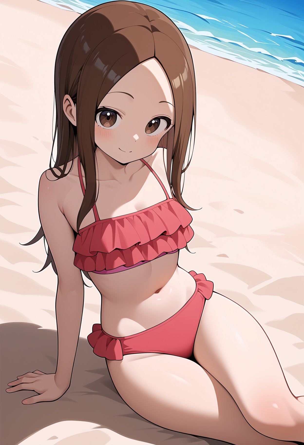 score_9, score_8_up, score_7_up, score_6_up, score_5_up, score_4_up, source_anime, aatakagi, solo, long hair, brown hair, parted bangs, frilled bikini, pink bikini, <lora:takagi-san_ponyxl_v1:0.9>, :o, sitting, on floor, beach, 