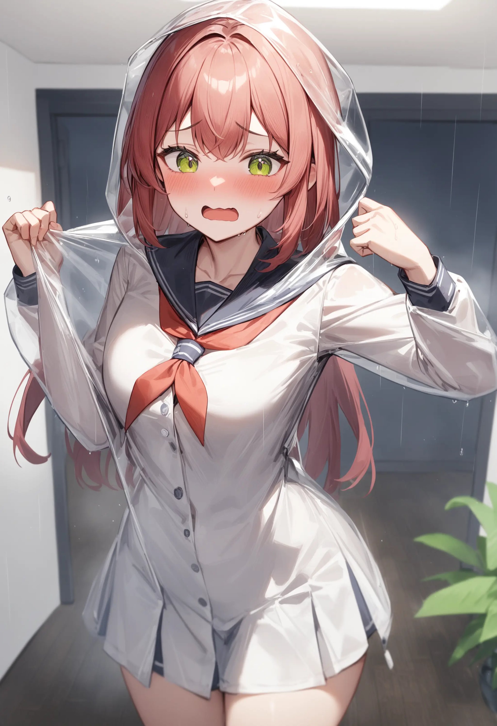 1girl, <lora:sdxl2-flat2-512b:-1>,medium breasts,school uniform,transparent raincoat,<lora:transparentraincoat_XL_v1:0.7>ceiling, cowboy shot, looking away, embarrassed, Hadrian's Wall, open mouth,masterpiece, best quality, very aesthetic, absurdres