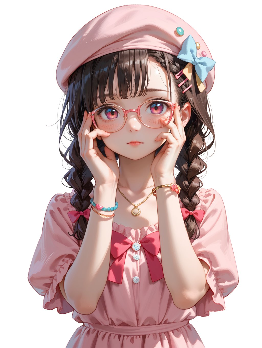 score_9, score_8_up, score_7_up,1girl,beret,blush,kitazawa shiho,looking at viewer,twin braids,bracelet,necklace,pink dress,solo,adjusting eyewear,bespectacled,white background,bow,glasses,simple background,