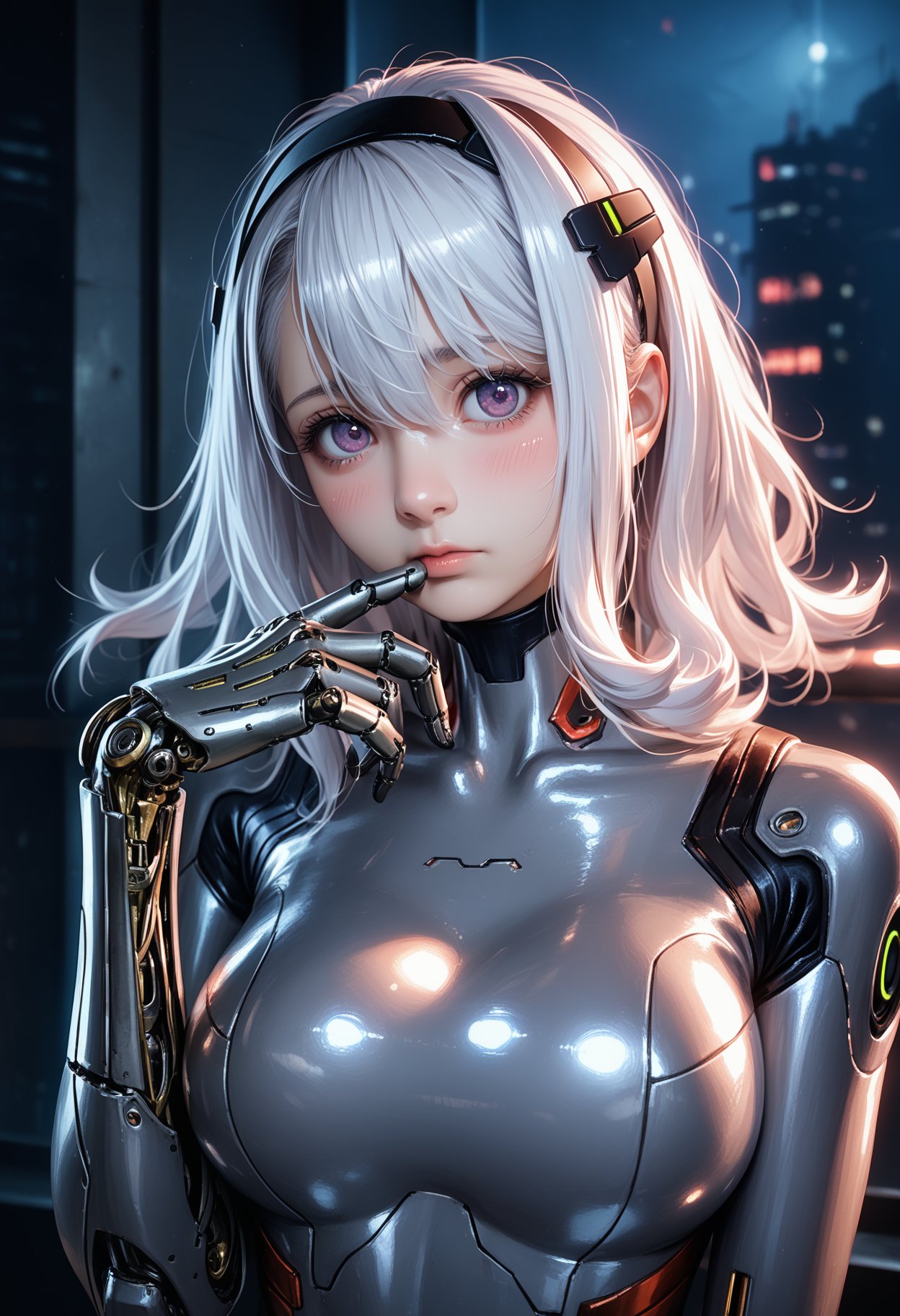 1girl,solo,looking at viewer,medium hair,bangs,hairband,purple eyes,hair ornament,hair between eyes,white hair,fluffy hair,large_breasts,blush shy,shiny_skin,very detailed clothes,very realistic textures,very detailed textures,longeyelashes,brown eye shadow, night,dim light,cyberpunk,mechanical arm,sci-fi style clothes,hair_tucking,metal material,realistic metallic texture,hands,raise your hand,, score_9,score_8_up,score_7_up,