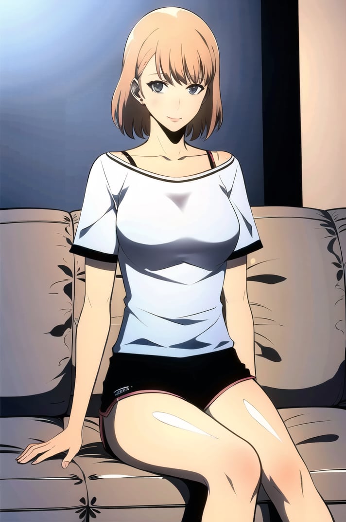 (masterpiece), high quality, (detailed background:1.3), 1girl, solo,<lora:SoloLevelingChaHaeIn-v3-05:0.7>, ChopioChaHaeIn, blonde hair, medium hair, black eyes, (looking at viewer:1.3),bob cut, medium breasts, long legs,outfit_2, (bra strap:1.5), white t-shirt, collarbone, short sleeves, black shorts, dolphin shorts,apartment, sofa, sitting, sexy smile,