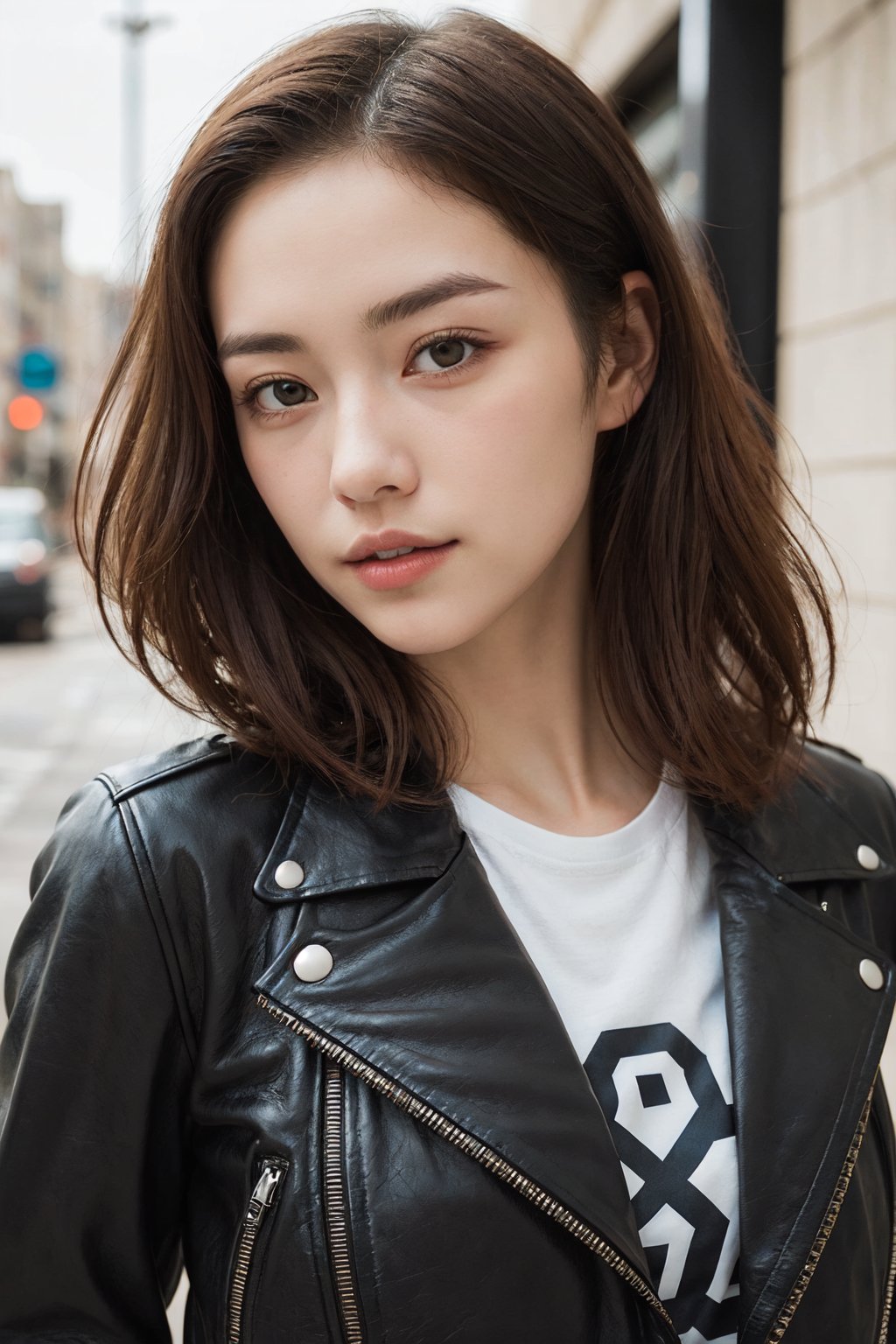 1girl,  leather moto jacket layered over a graphic tee, charming, perfect face, beautiful face, pale skin 