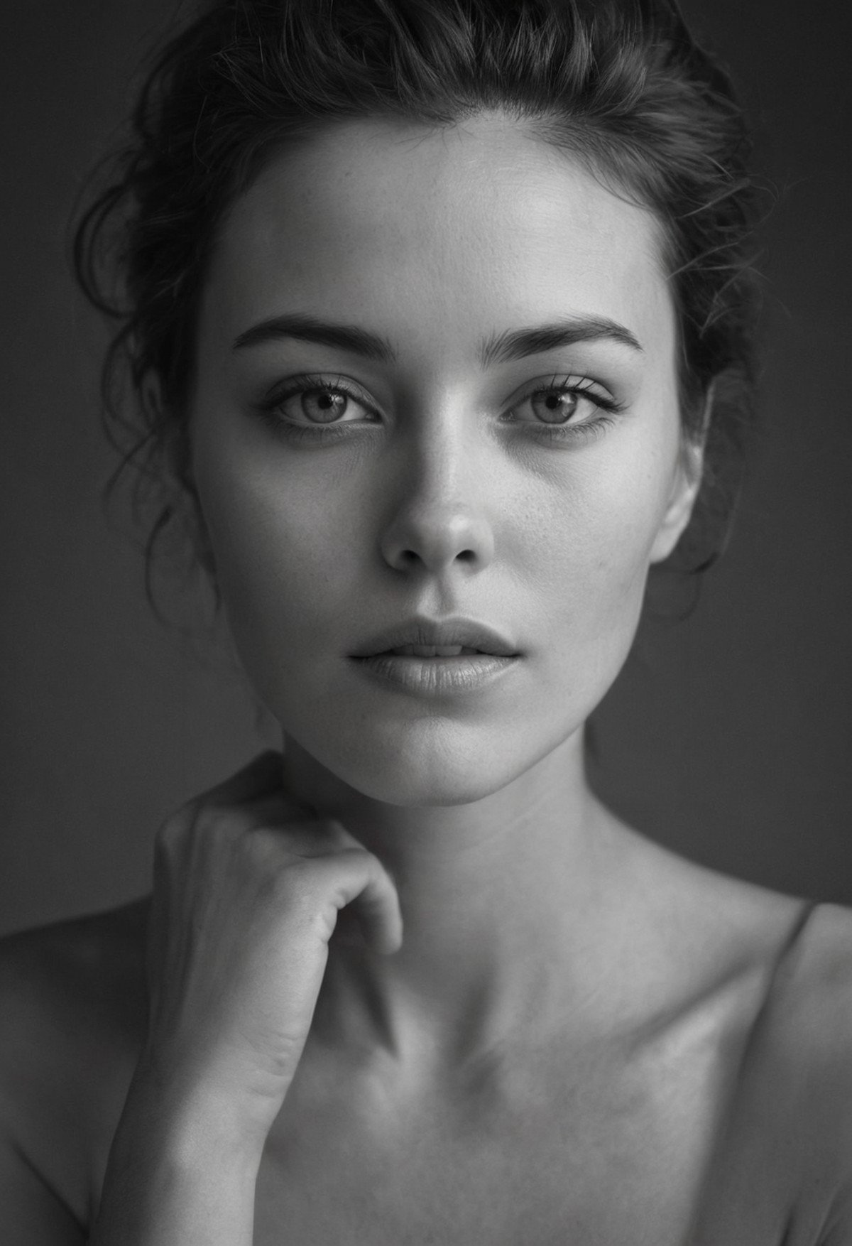 A dramatic black-and-white portrait of a woman gazing intently into the camera, inspired by Richard Avedon's style. High contrast, sharp focus, deep shadows, soft lighting, textured skin, detailed eyes, minimalist background, strong jawline, slight smile, natural hair, subtle makeup, classic elegance, intense emotion, timeless beauty.