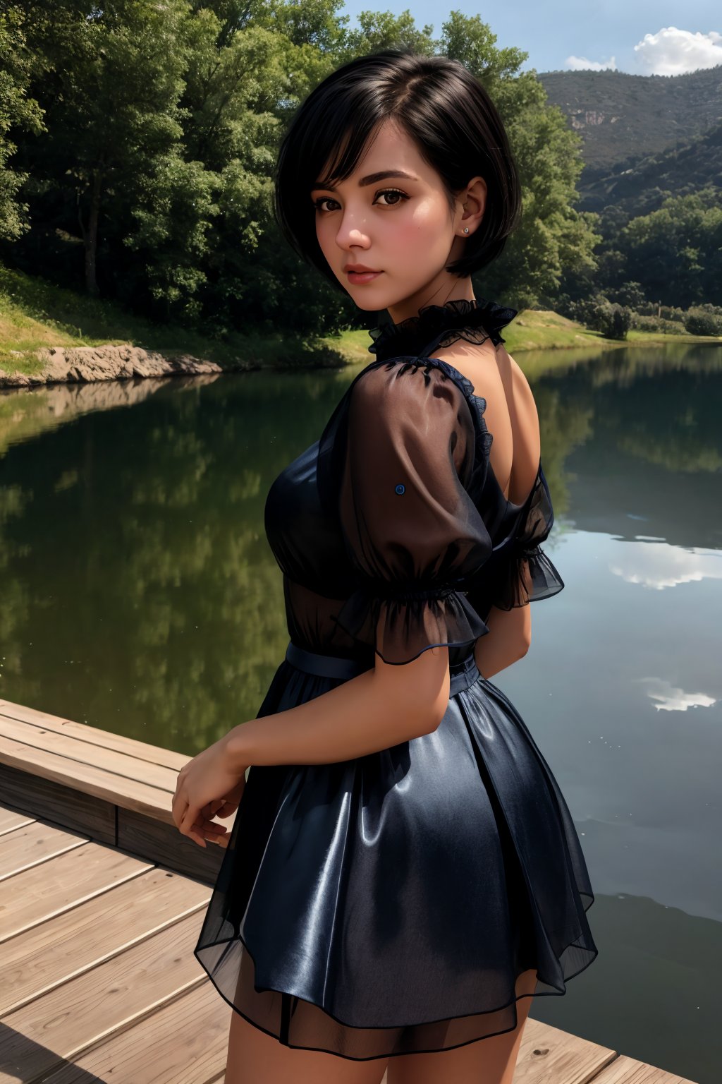 masterpiece, highly detailed 8k, best quality, volumetric lighting, volumetric lighting, intricate, Jet black very short hair young woman in French Blue rfdrss, Melancholic, Aluminum eyes, Calm Lake Reflections background <lora:ruffled dress v4.3-000007:1>