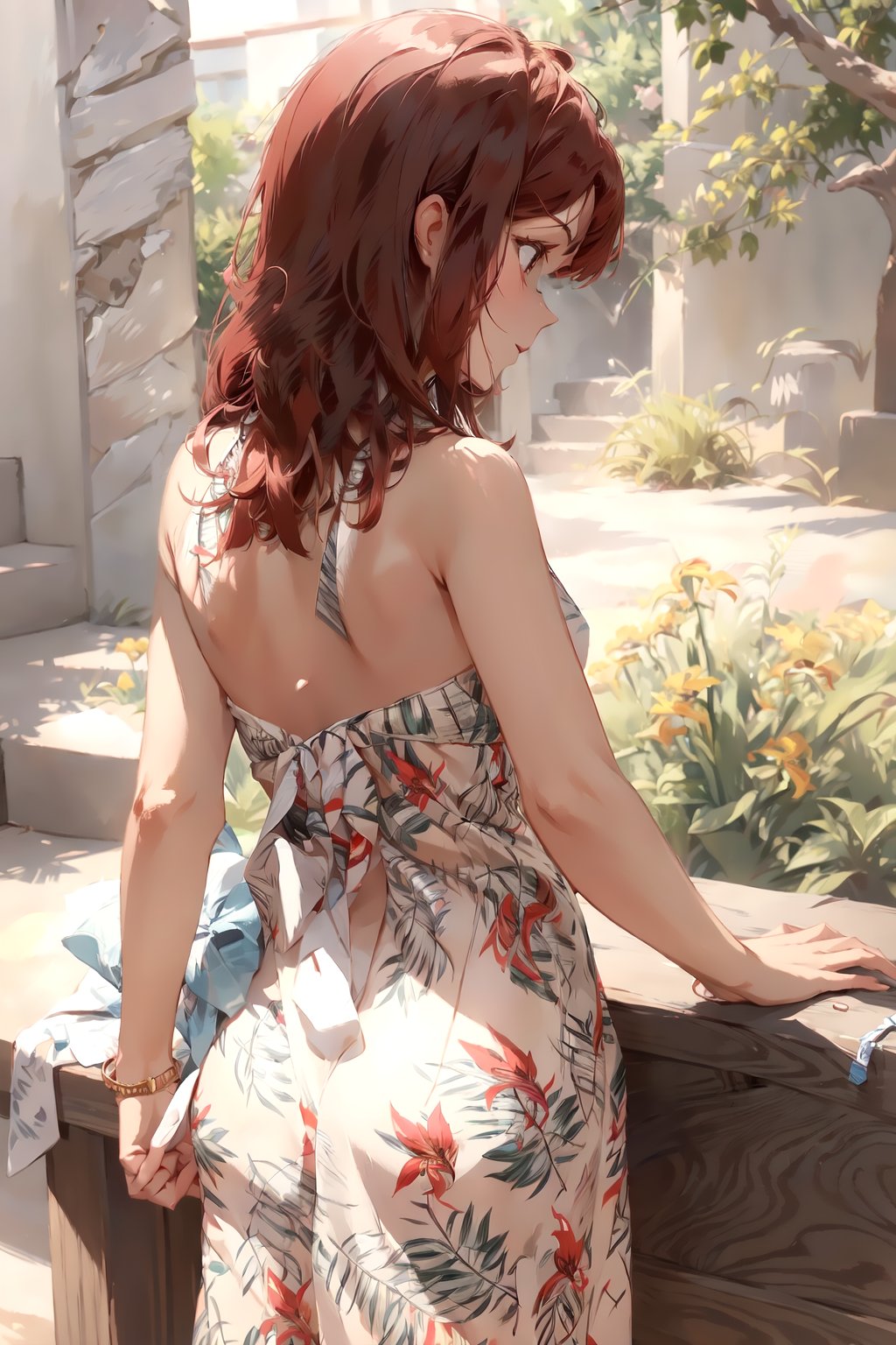 (masterpiece:1.3),flwrdrss,1girl,red hair,short hair,from behind,<lora:FlowerDressSD15:1>