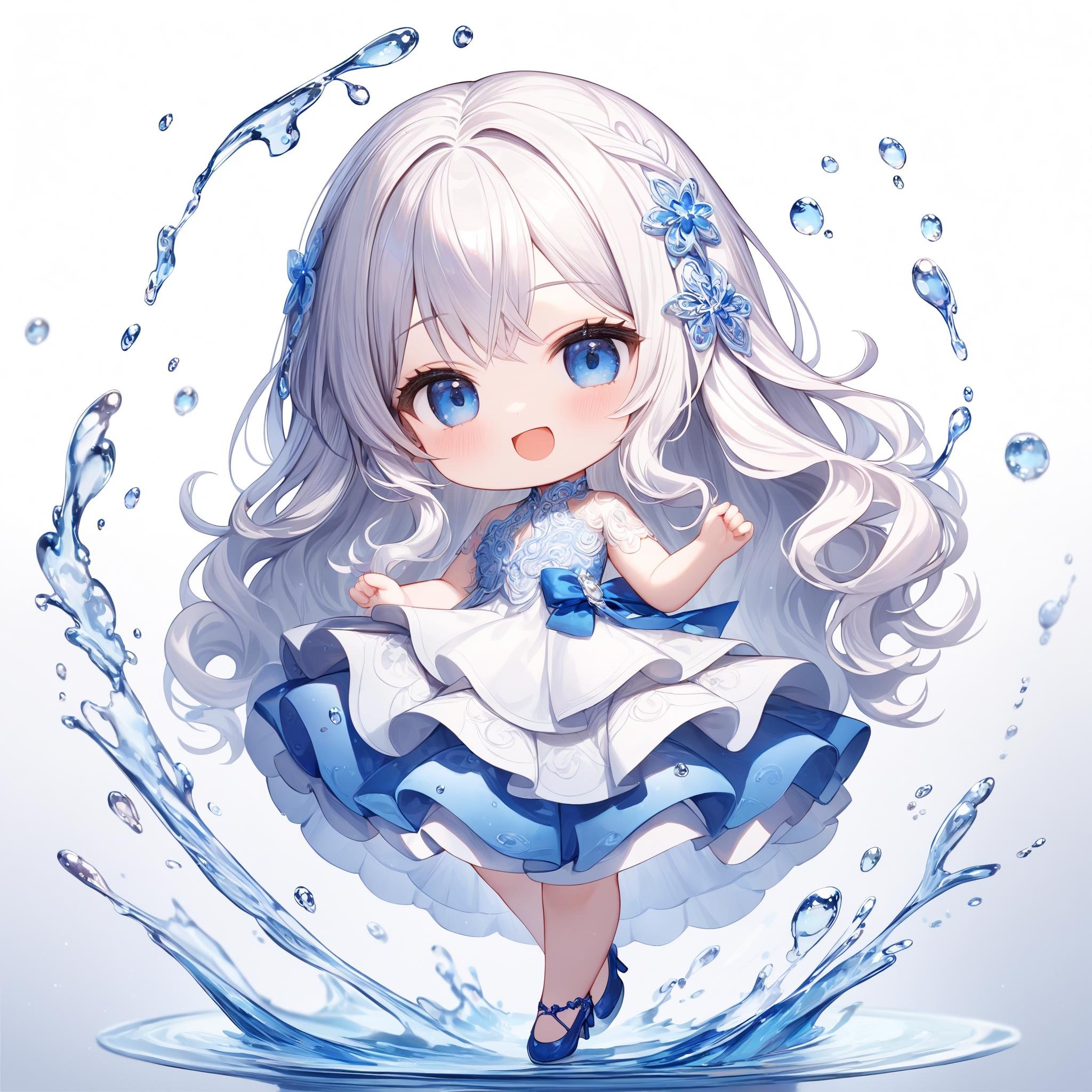 Full body shot. A cute girl. Chibi. Solo. :D. Dynamic pose. Looking at viewer. Dark-blue eyes. White hair. Wavy hair. Long hair. White layered dress. Pumps. No background. White background. Water drop. Cute style. Deformed. Intricate details. Extremely detailed. Outstanding intricacies. (Masterpiece:1.2).  Mood: Serene atmosphere.