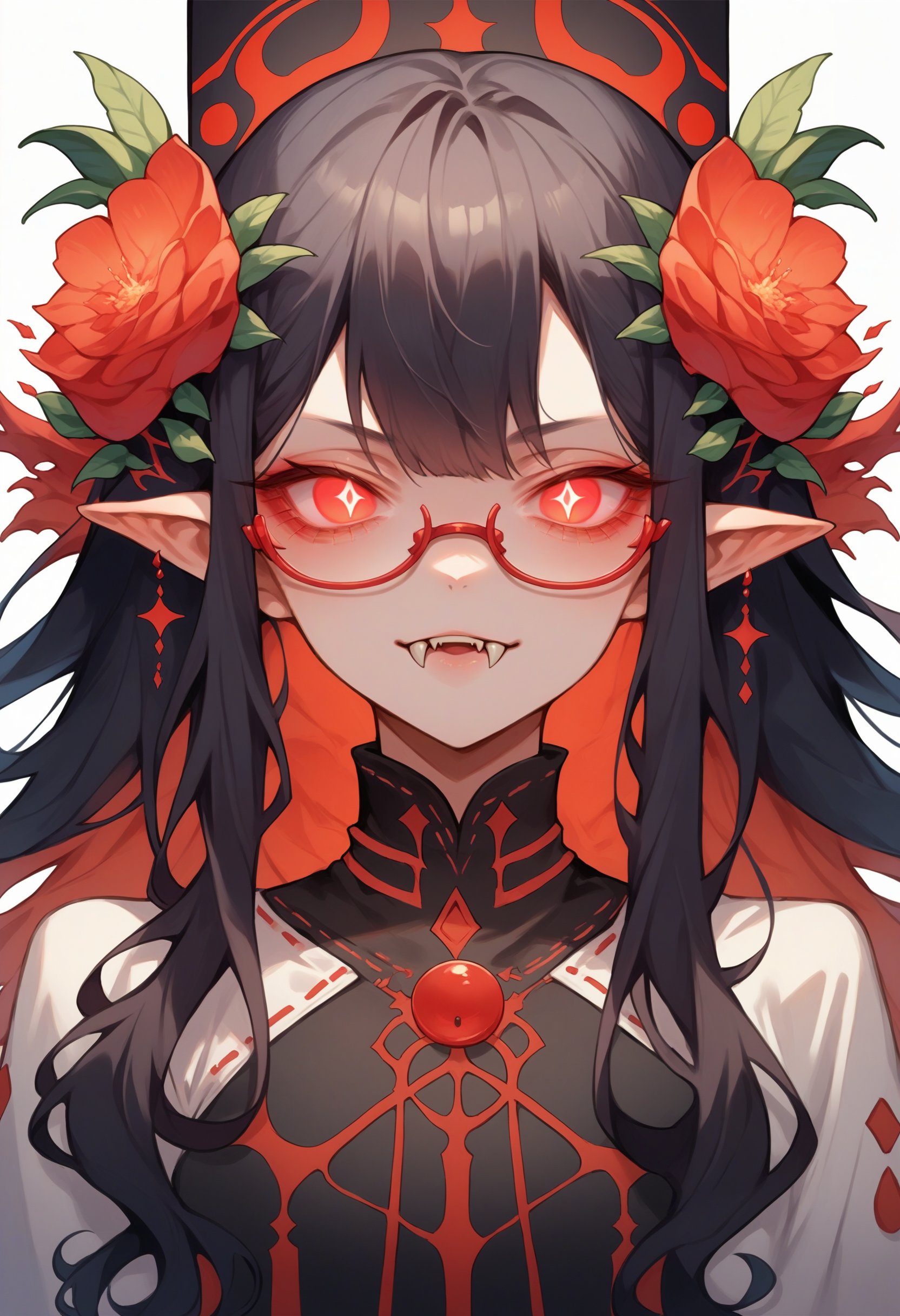 score_9, score_8_up, score_7_up, source_anime, female, semi-rimless eyewear, fangs, humanoid pointy ears, red eyes, black hair, long hair, glowing eyes, hair flower, white background, symbol-shaped pupils, white background, 