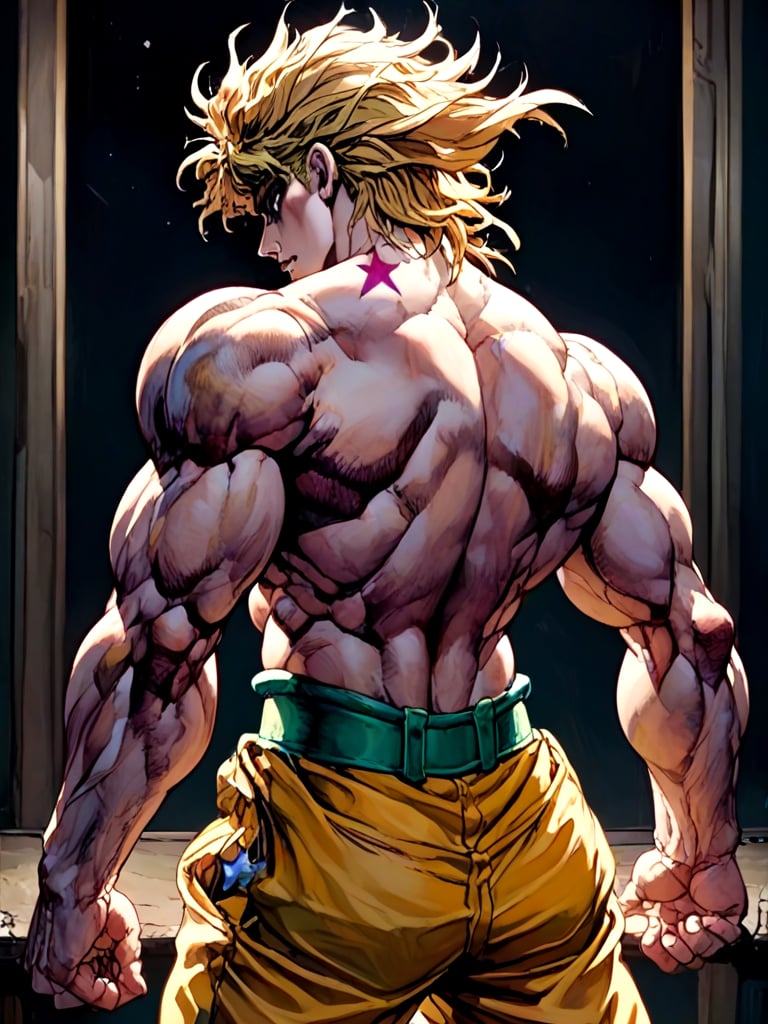 ((black background)), close-up, dio_brando's_pose_\(jojo\), birthmark \(joestar\), ear birthmark, looking at viewer, jojo pose, stepped on staris, night, wind, indoors, vampire, off shoulder, blonde hair, headband, green belt, yellow pants, topless male, muscular male, narrow waist, evil smile, bare back. shaded face, looking back, full body, <lora:dioandhisstarbirthmark_pony:1>