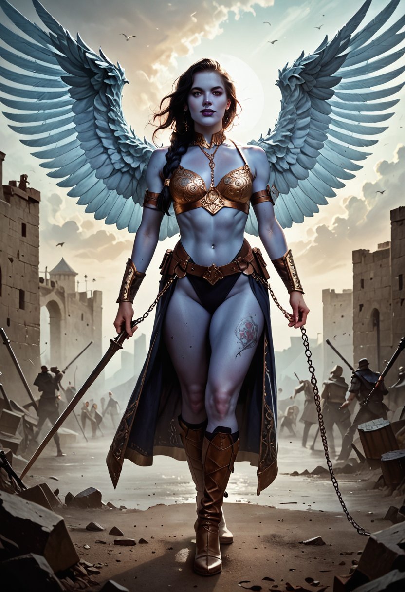 female aasimar, colored skin, (blue skin:1.4), angel wings, muscular, (chain mail), (battlefield:1.2) (floating:1.3), windy, fantasy setting, adventurer gear, black hair, long braid, score_9, score_8_up, score_7_up, score_6_up, score_5_up, score_4_up, Semi-real, photorealistic, 16k_uhd, vrays, fine_art_painting, overall_detail, face_detail, rating_questionable, a fine art painting, photorealistic art, (realistic illustration:1.4), whimsical detail, fantastical, conceptual storytelling, concept art, extravagant-and-vivid-composition, focus-on-intricate-details, (stunning-environment:1.4), colloquial-(horny), colloquial-(wicked), naturalism, hyperdetailed, hyperrealistic, very aesthetic <lora:Concept Art Twilight Style SDXL_LoRA_Pony Diffusion V6 XL:0.75>  