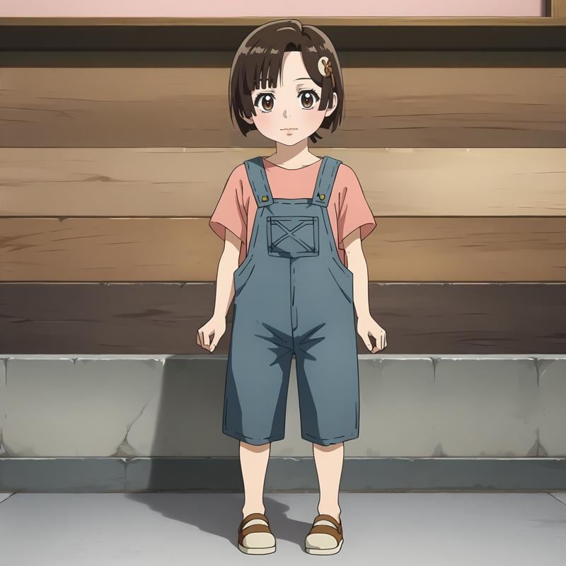 <lora:ISep4_TamakiMitamuraXLpony001>,looking at viewer,solo,KodomoTamaki,1girl,brown hair,short hair,hair_ornament,brown eyes,pink shirt,overalls,full body,standing,