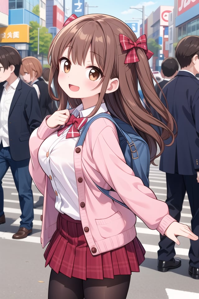 insanely detailed, absurdres, ultra-highres, ultra-detailed, best quality,1girl, solo, nice hands, perfect handsBREAK(School Uniforms:1.2), (pink cardigan is fit body:1.4), ((do up a buttons, not loose):1.5), ((long sleeve, sleeves past wrists):1.2), (inner wear is white collared-shirt:1.3), (red plaid-pattern bow:1.3), (red plaid-pattern pleated skirt:1.3), ((dark-brown pantyhose, loafers):1.2)BREAKhappy smile, laugh, open mouth, standing,from side,cute pose, cowboy shotBREAKslender, kawaii, perfect symmetrical face, ultra cute girl, ultra cute face, ultra detailed eyes, ultra detailed hair, ultra cute, ultra beautifulBREAKin harajuku, shibuya, tokyo, street, crowd, cityscapeBREAKmedium large breasts,(brown hair, brown eyes), hime cut